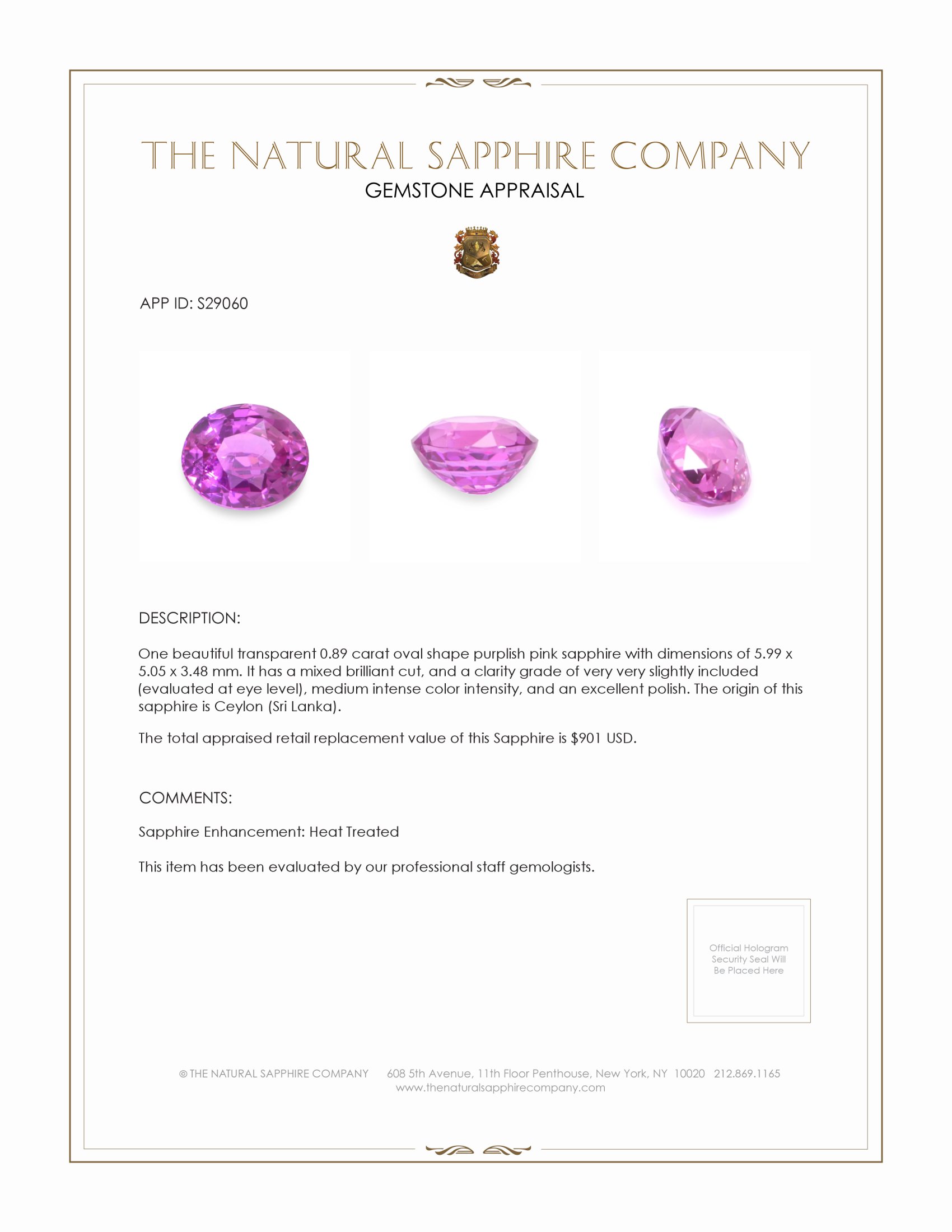 0.89 Ct. Purplish Pink Sapphire from Ceylon (Sri Lanka)