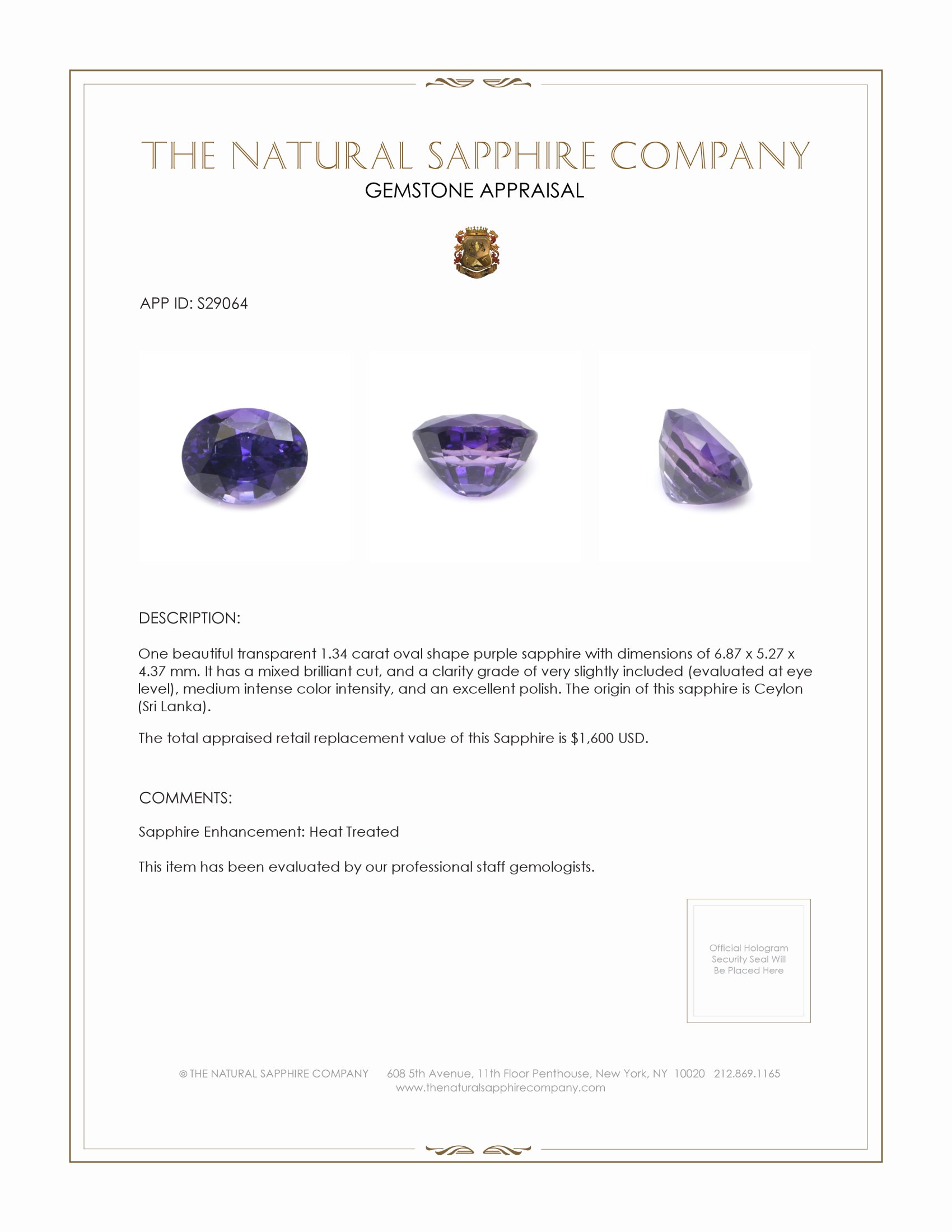 1.34 Ct. Purple Sapphire from Ceylon (Sri Lanka)