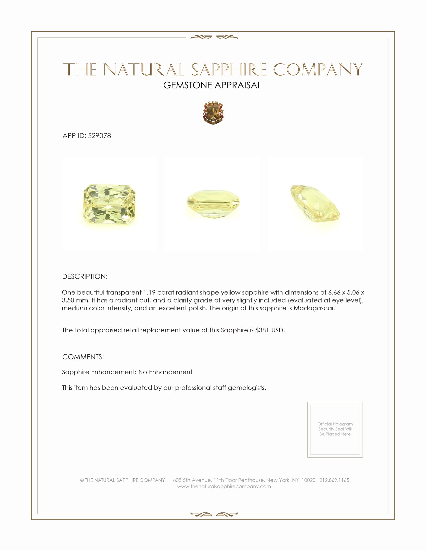 1.19 Ct. Yellow Sapphire from Madagascar