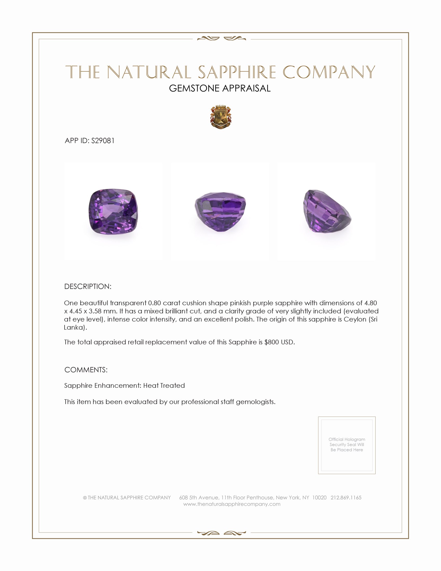0.80 Ct. Purple Sapphire from Ceylon (Sri Lanka)