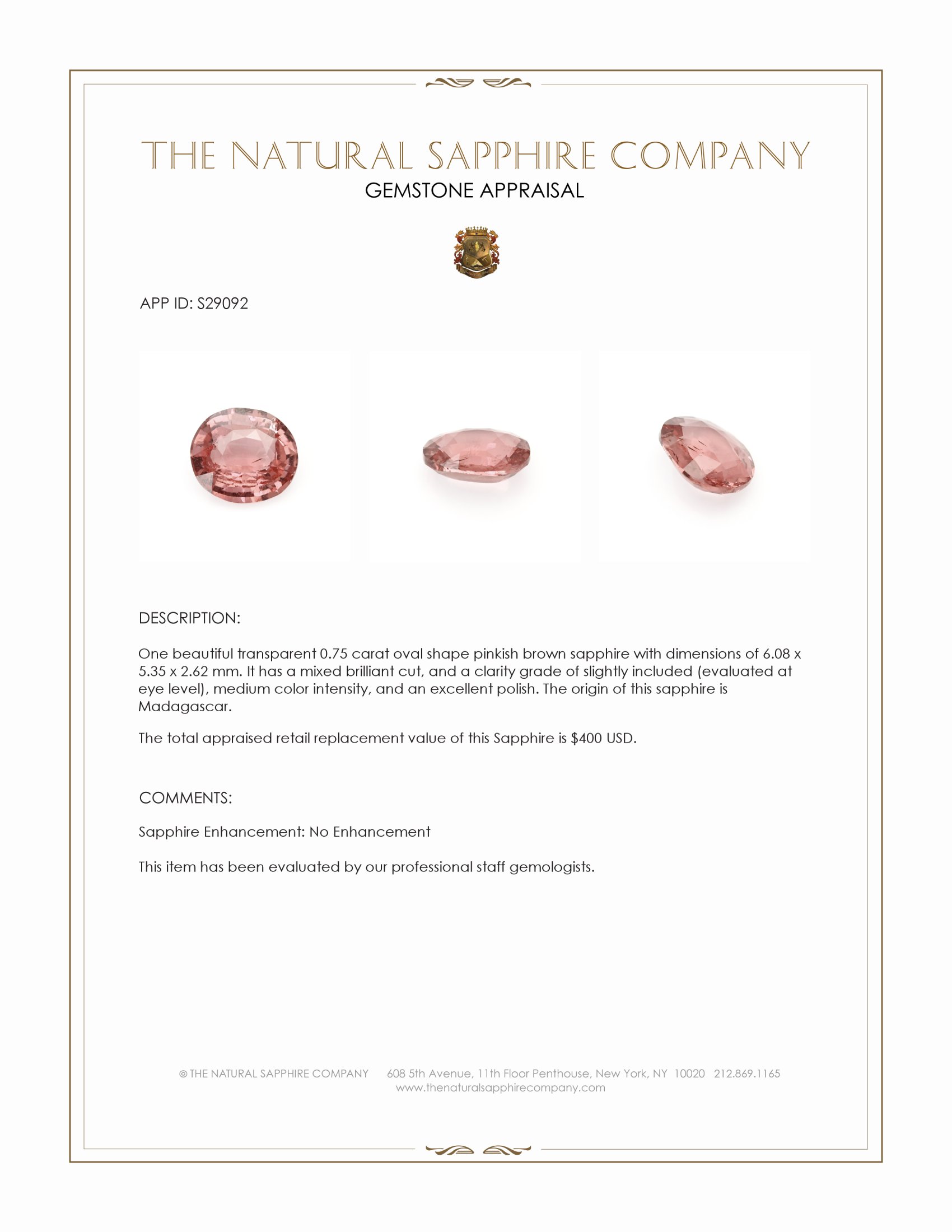 0.75 Ct. Pinkish Brown Sapphire from Madagascar