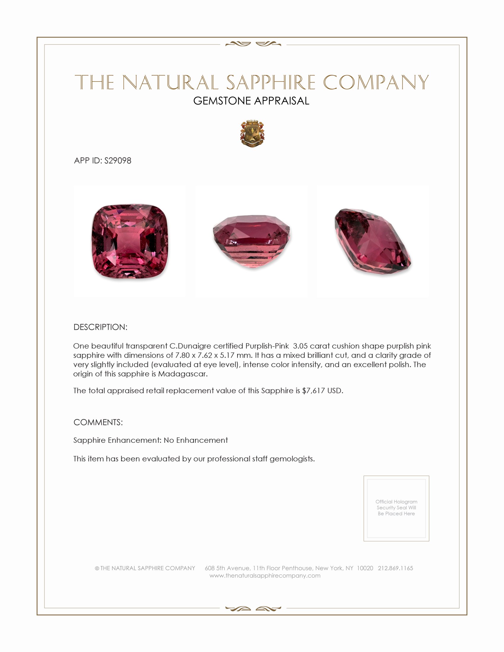 3.05 Ct. Purplish Pink Sapphire from Madagascar