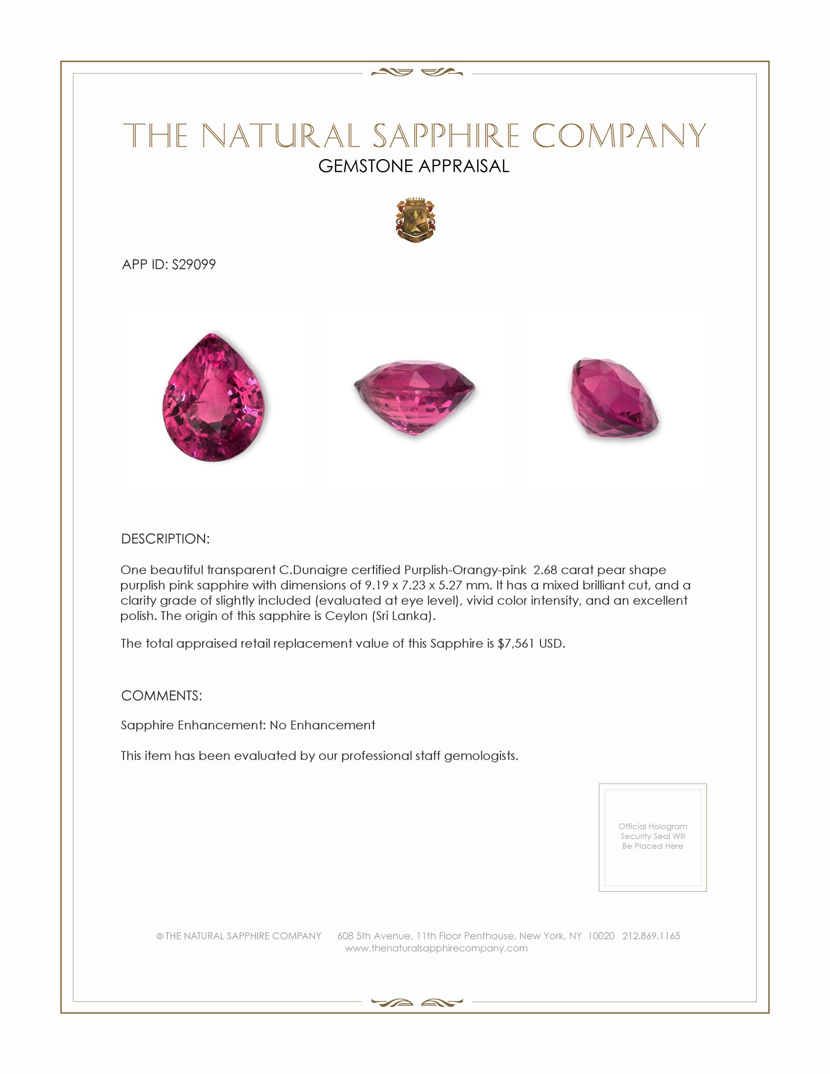 2.68 Ct. Purplish Pink Sapphire from Ceylon (Sri Lanka)