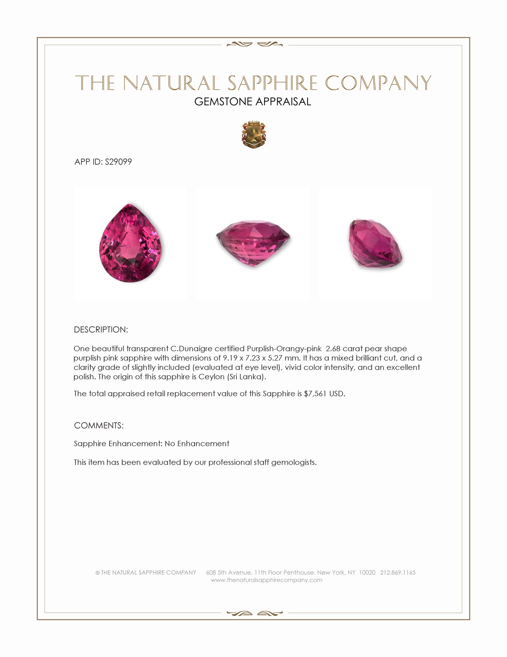 2.68 Ct. Purplish Pink Sapphire from Ceylon (Sri Lanka)