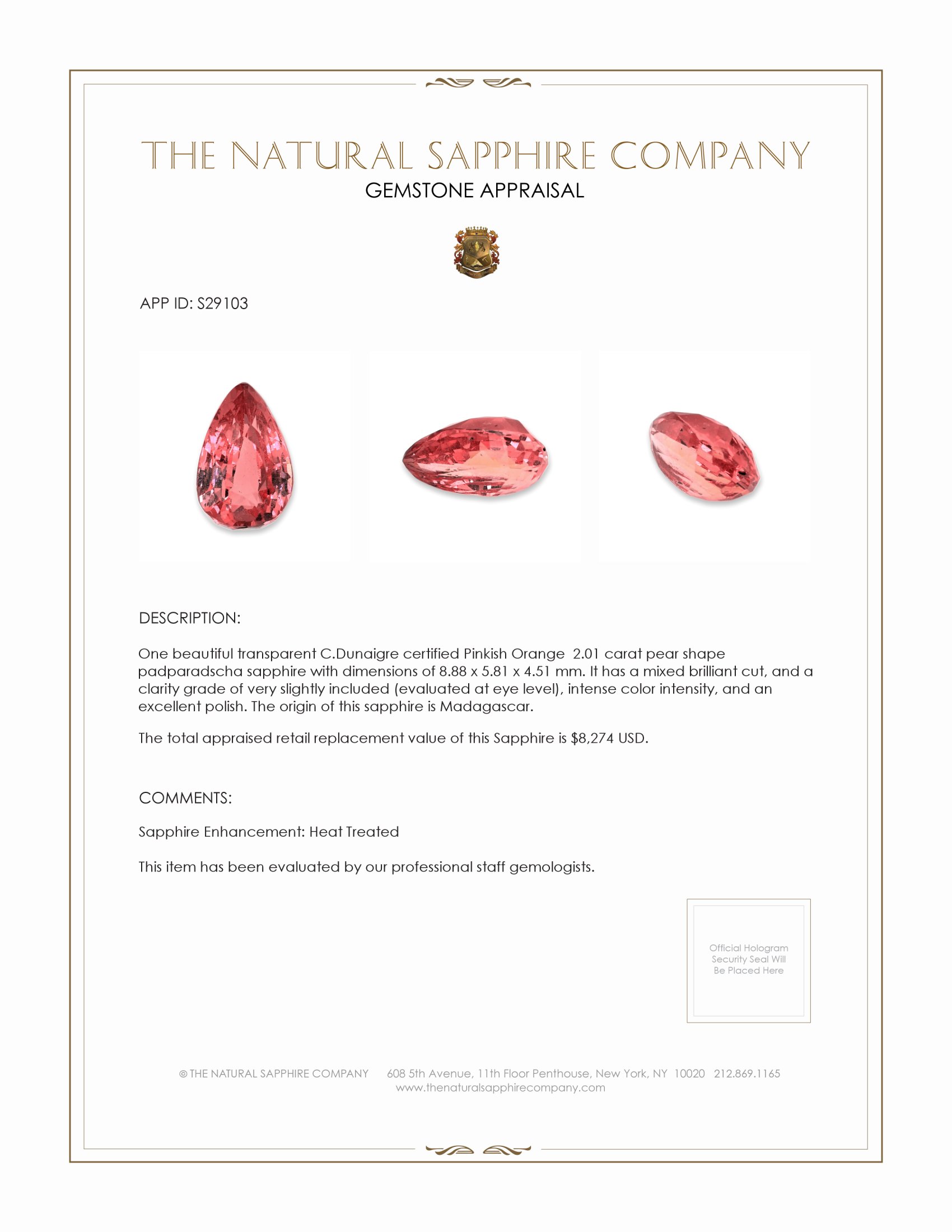 2.01 Ct. Padparadscha Sapphire from Madagascar