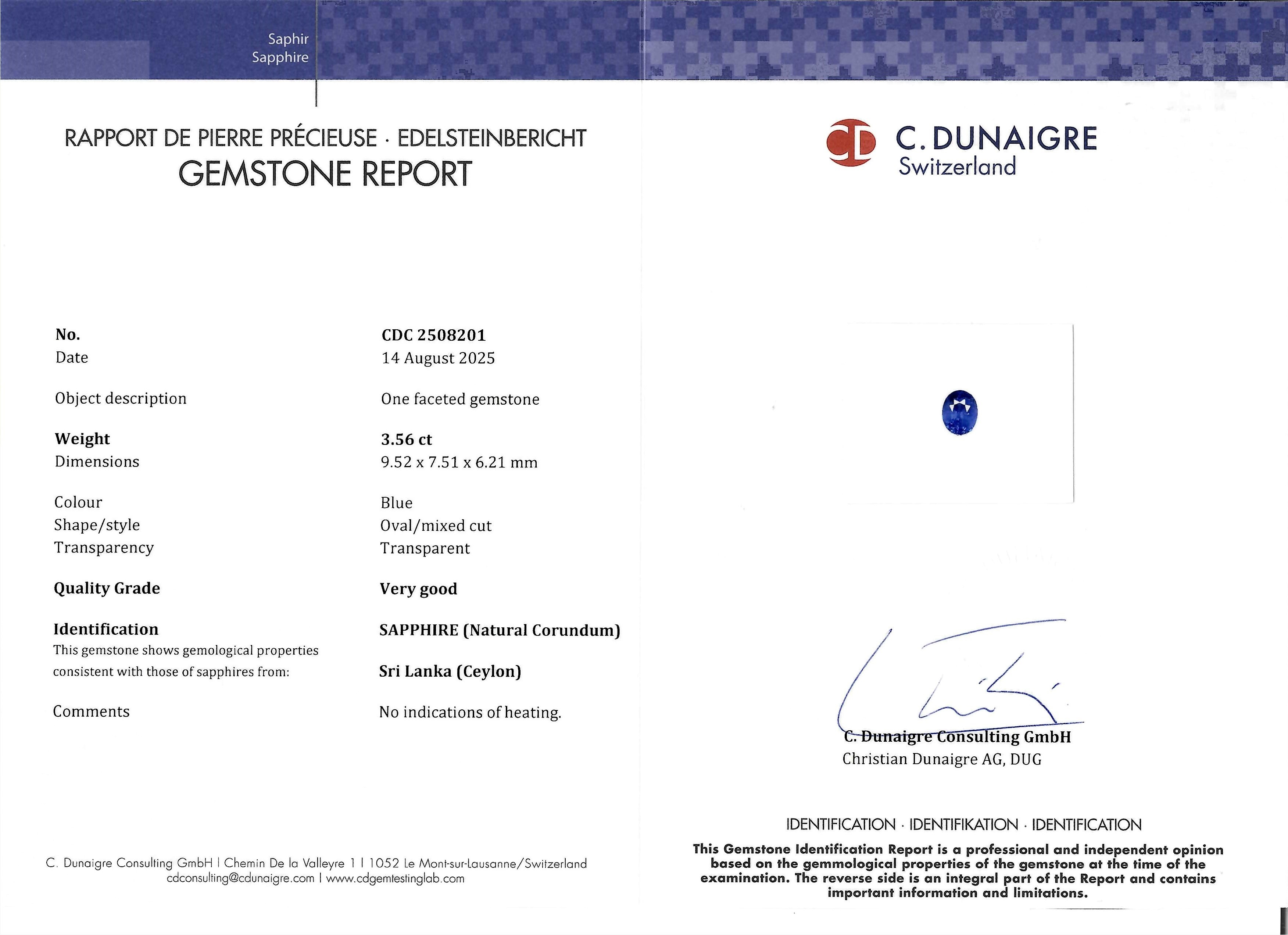 3.56 Ct. Blue Sapphire from Ceylon (Sri Lanka)