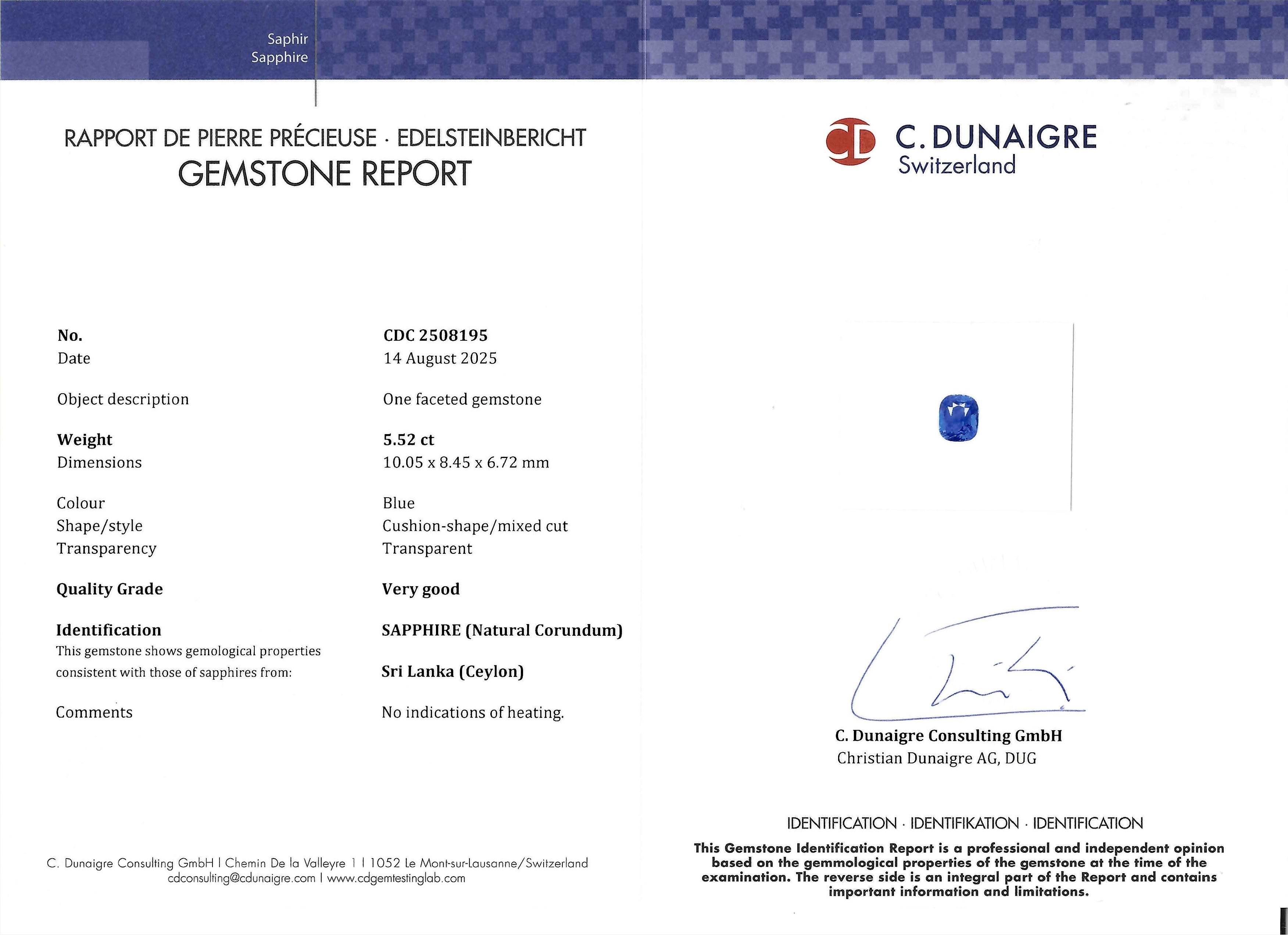 5.52 Ct. Blue Sapphire from Ceylon (Sri Lanka)