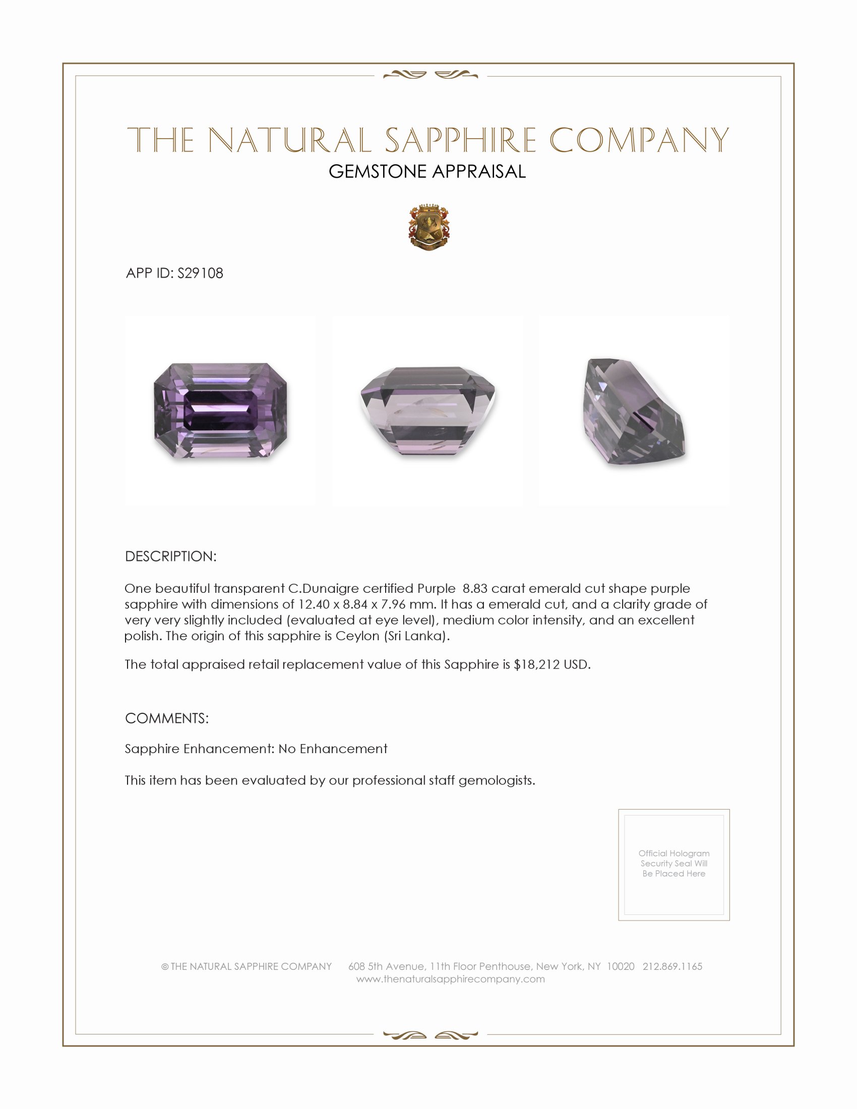 8.83 Ct. Purple Sapphire from Ceylon (Sri Lanka)