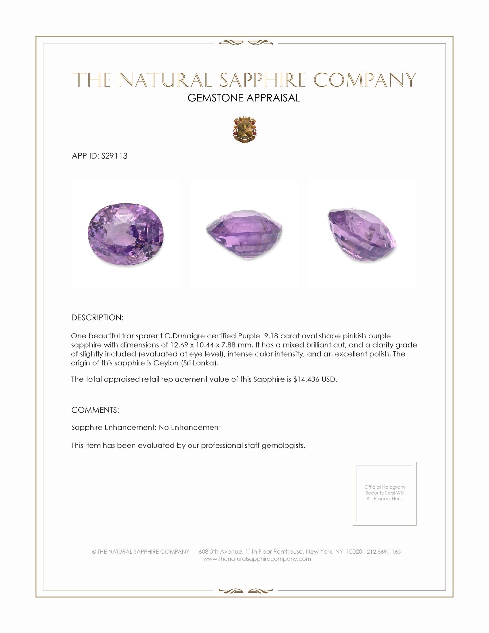 9.18 Ct. Pinkish Purple Sapphire from Ceylon (Sri Lanka)