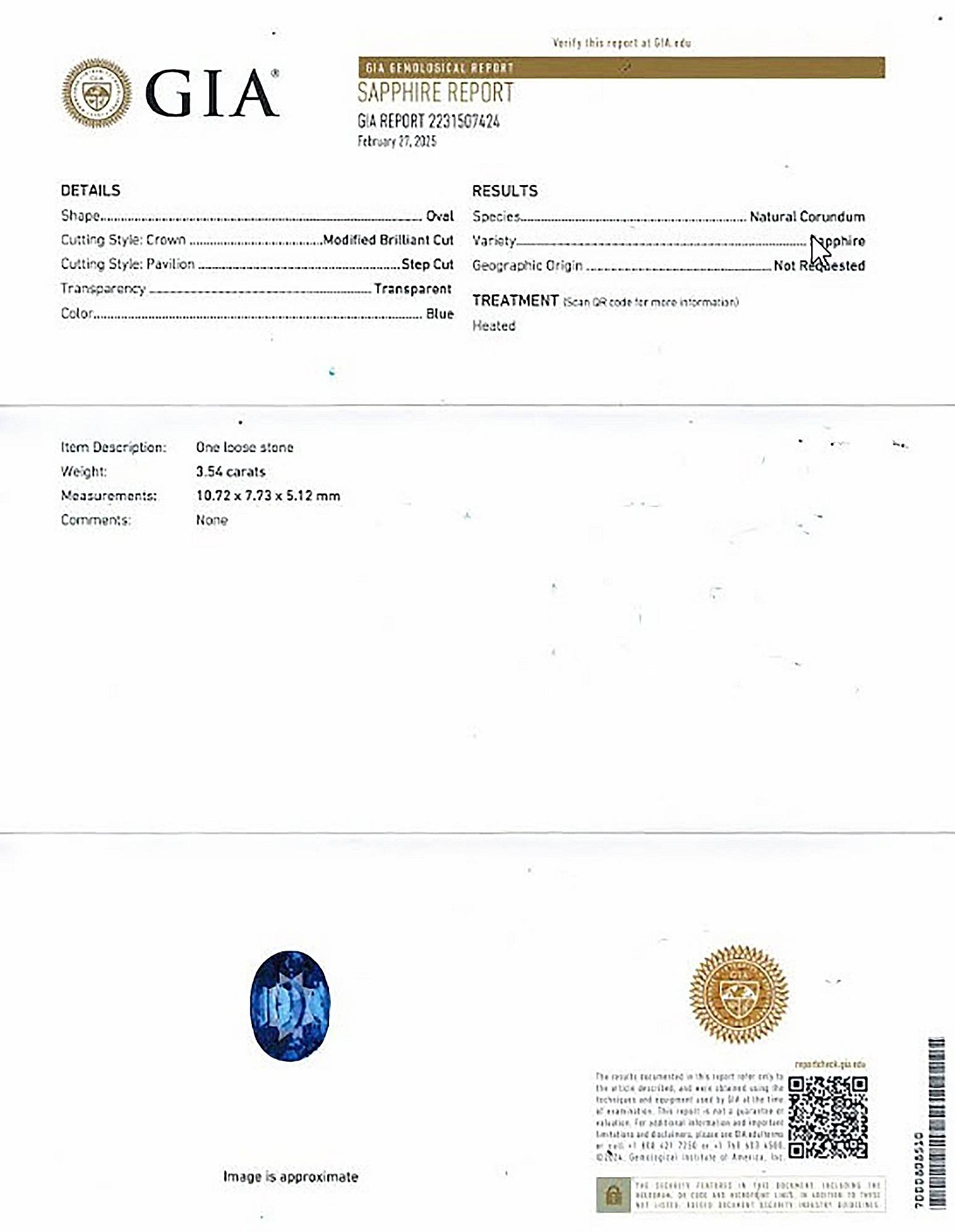 3.54 Ct. Blue Sapphire from Ceylon (Sri Lanka)