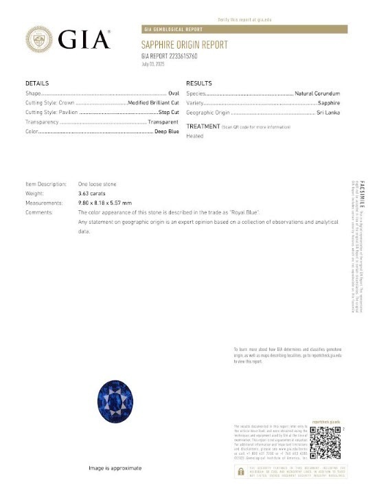 3.63 Ct. Blue Sapphire from Ceylon (Sri Lanka)