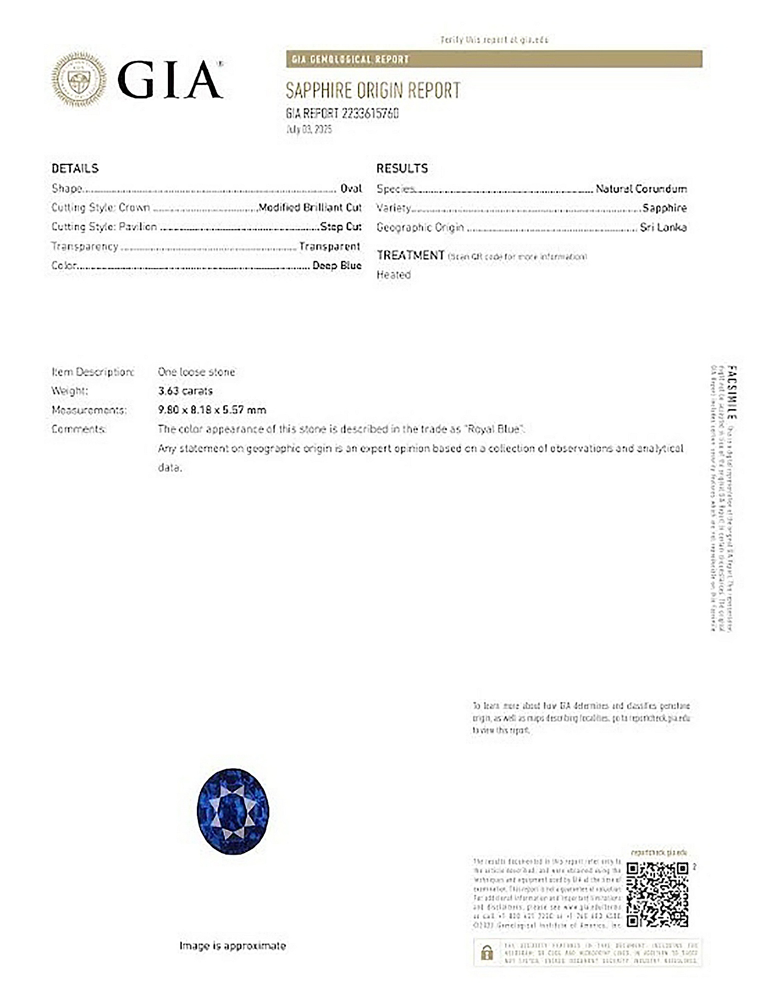 3.63 Ct. Blue Sapphire from Ceylon (Sri Lanka)