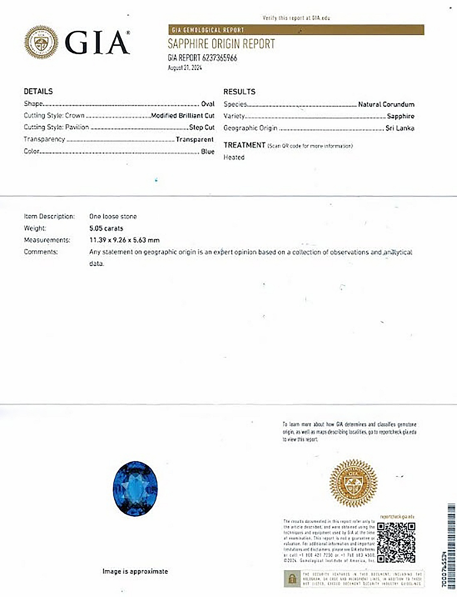 5.05 Ct. Blue Sapphire from Ceylon (Sri Lanka)