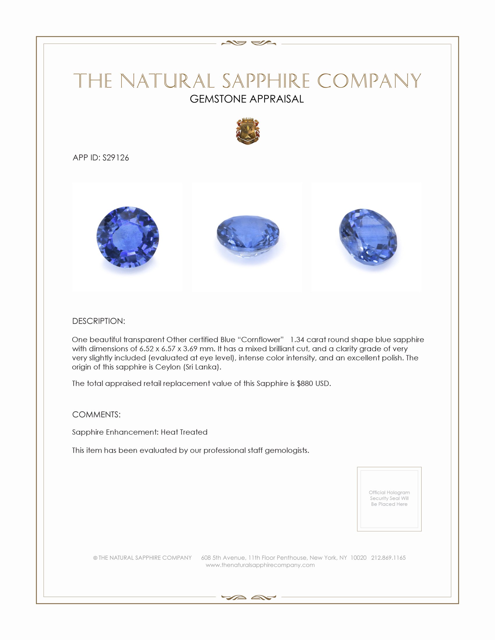 1.34 Ct. Blue Sapphire from Ceylon (Sri Lanka)