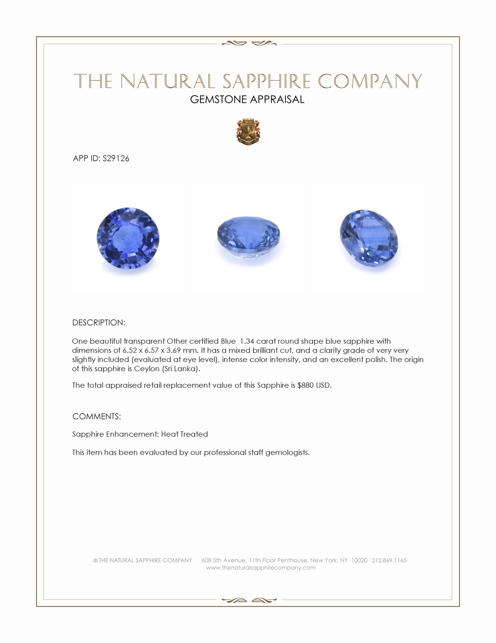1.34 Ct. Blue Sapphire from Ceylon (Sri Lanka)