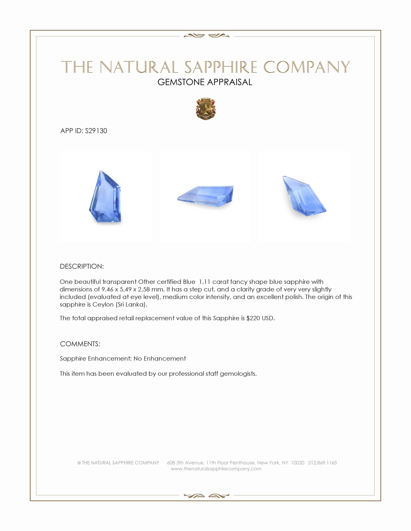 1.11 Ct. Blue Sapphire from Ceylon (Sri Lanka)