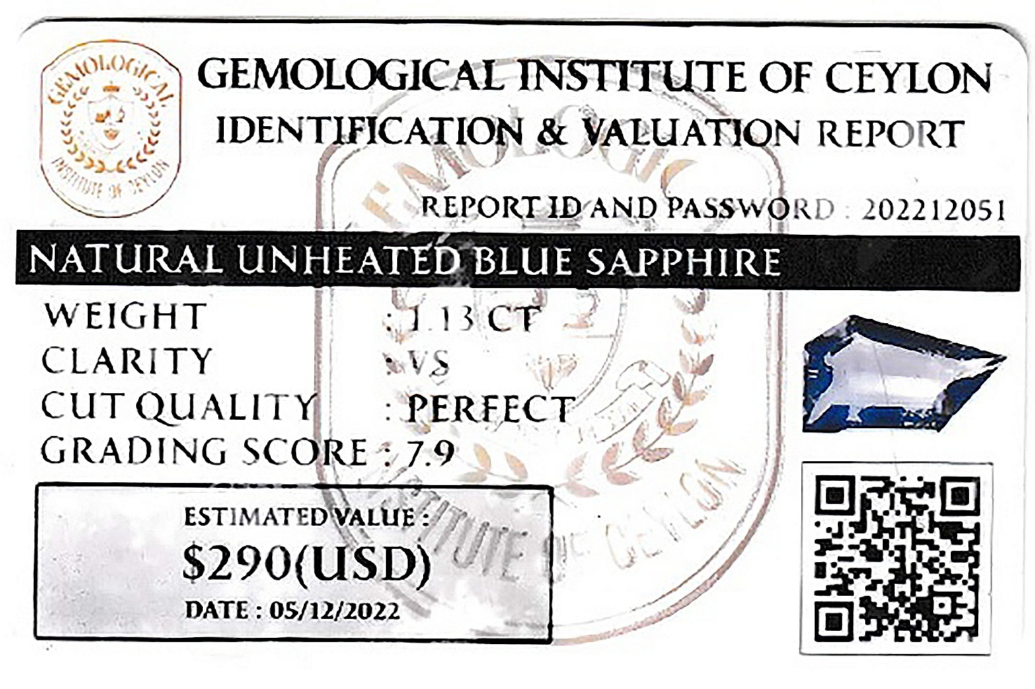 1.11 Ct. Blue Sapphire from Ceylon (Sri Lanka)
