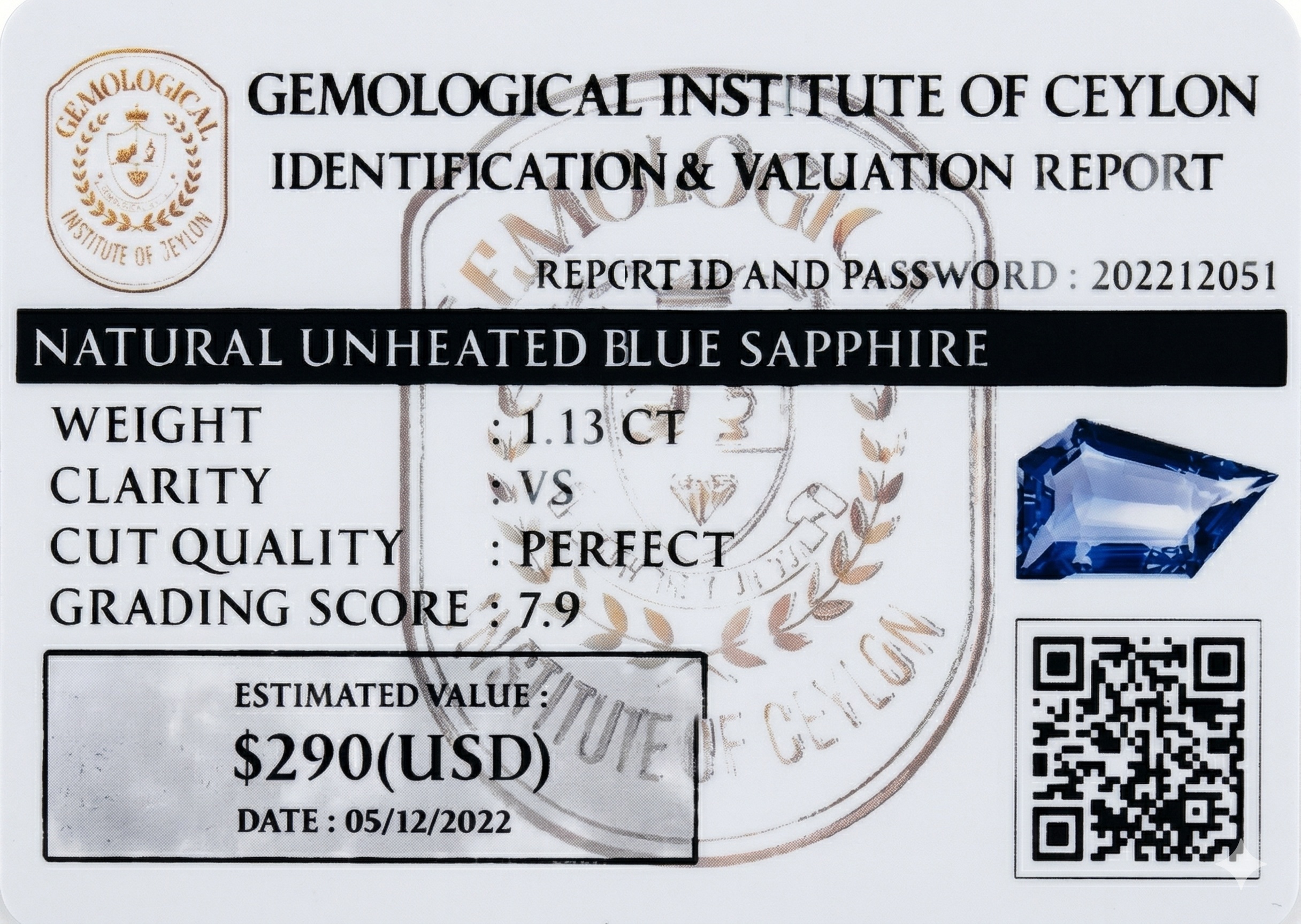 1.11 Ct. Blue Sapphire from Ceylon (Sri Lanka)