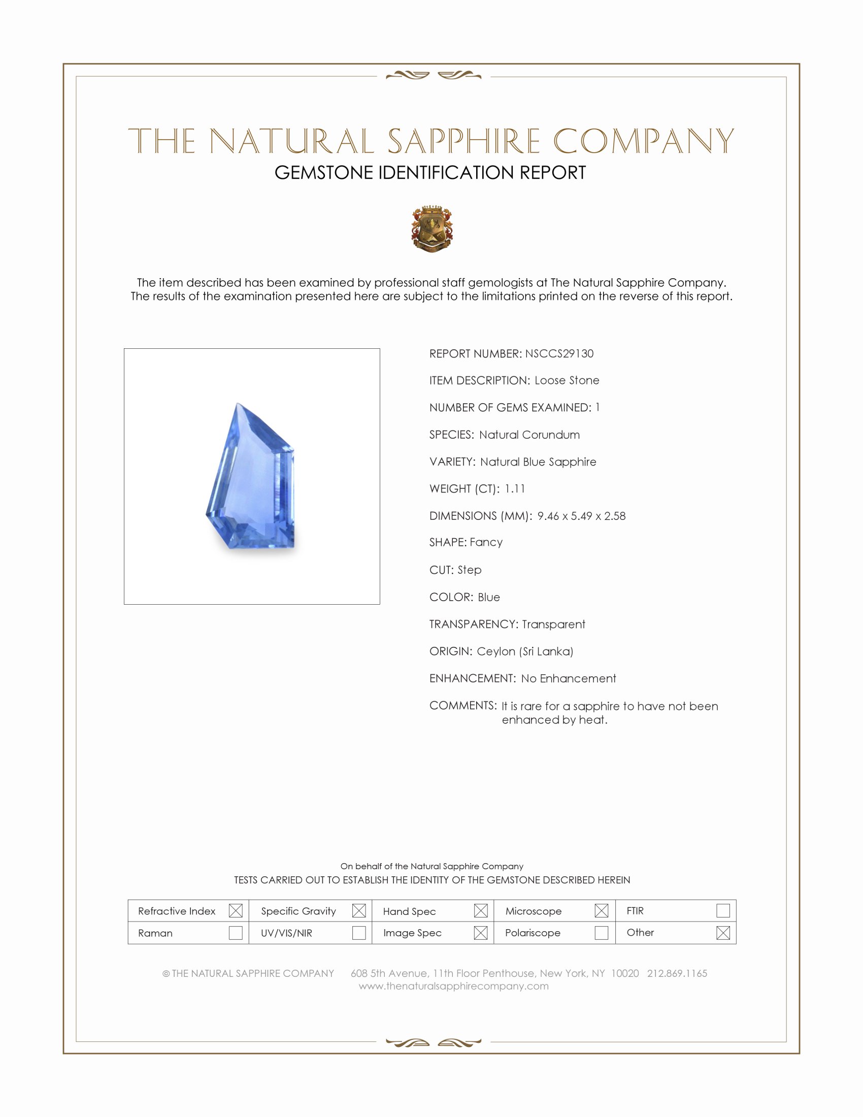 1.11 Ct. Blue Sapphire from Ceylon (Sri Lanka)