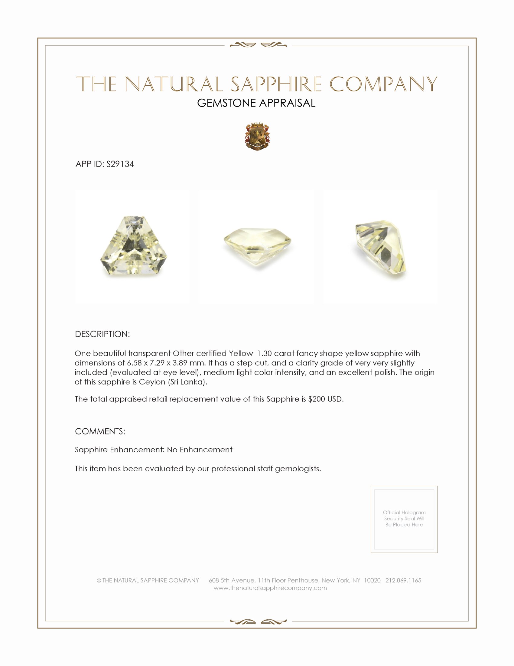 1.30 Ct. Yellow Sapphire from Ceylon (Sri Lanka)