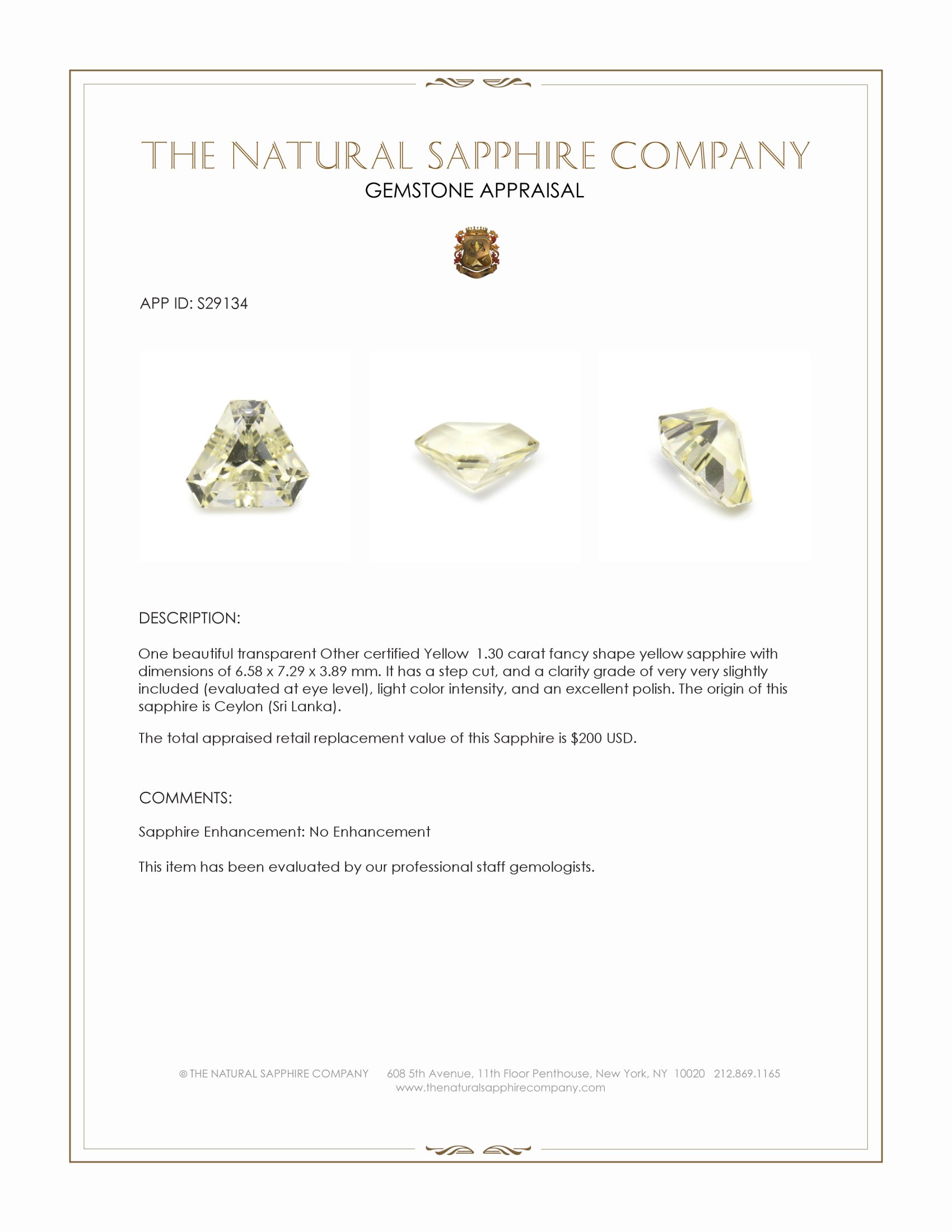 1.30 Ct. Yellow Sapphire from Ceylon (Sri Lanka)