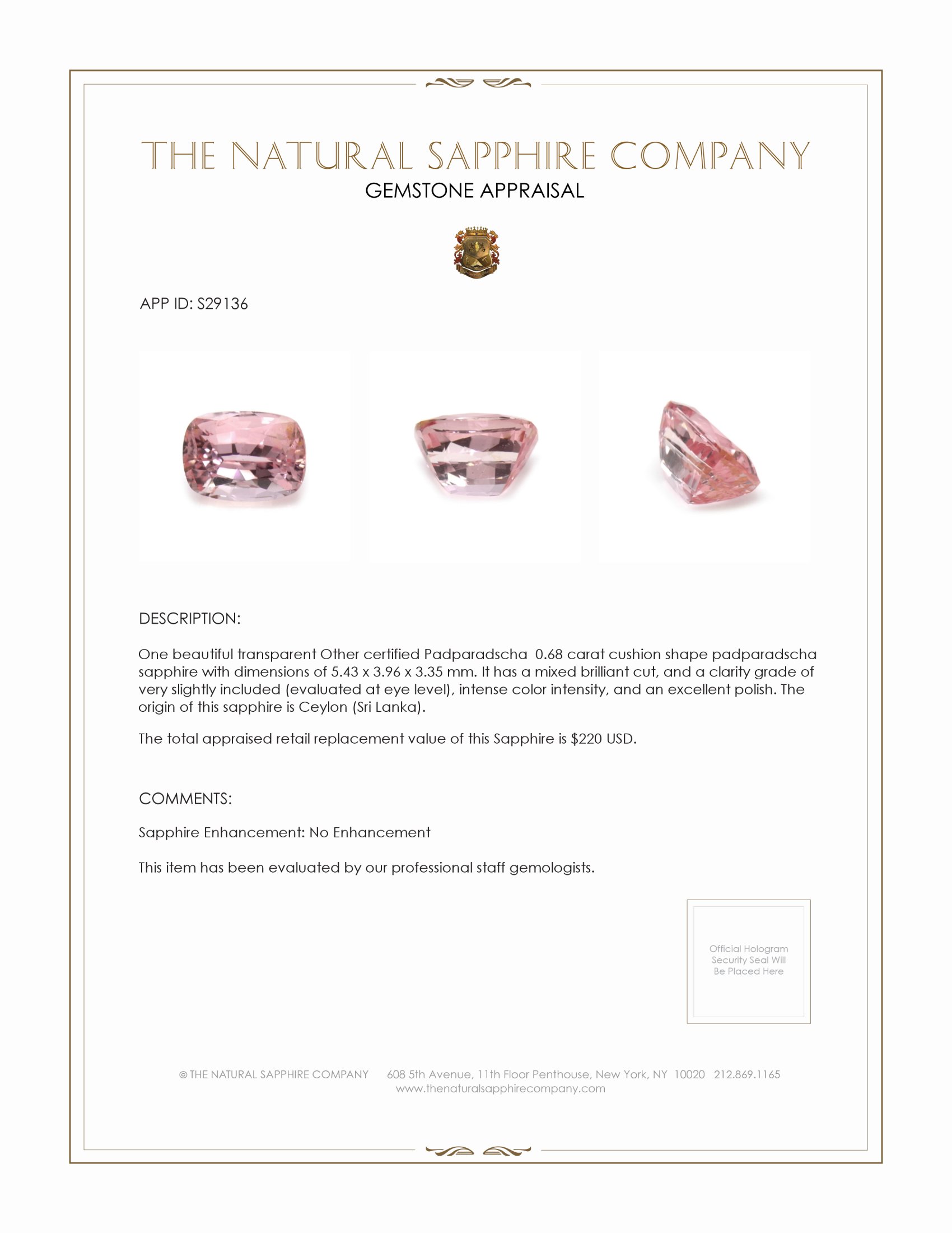 0.68 Ct. Padparadscha Sapphire from Ceylon (Sri Lanka)