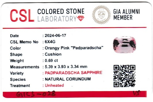 0.68 Ct. Padparadscha Sapphire from Ceylon (Sri Lanka)