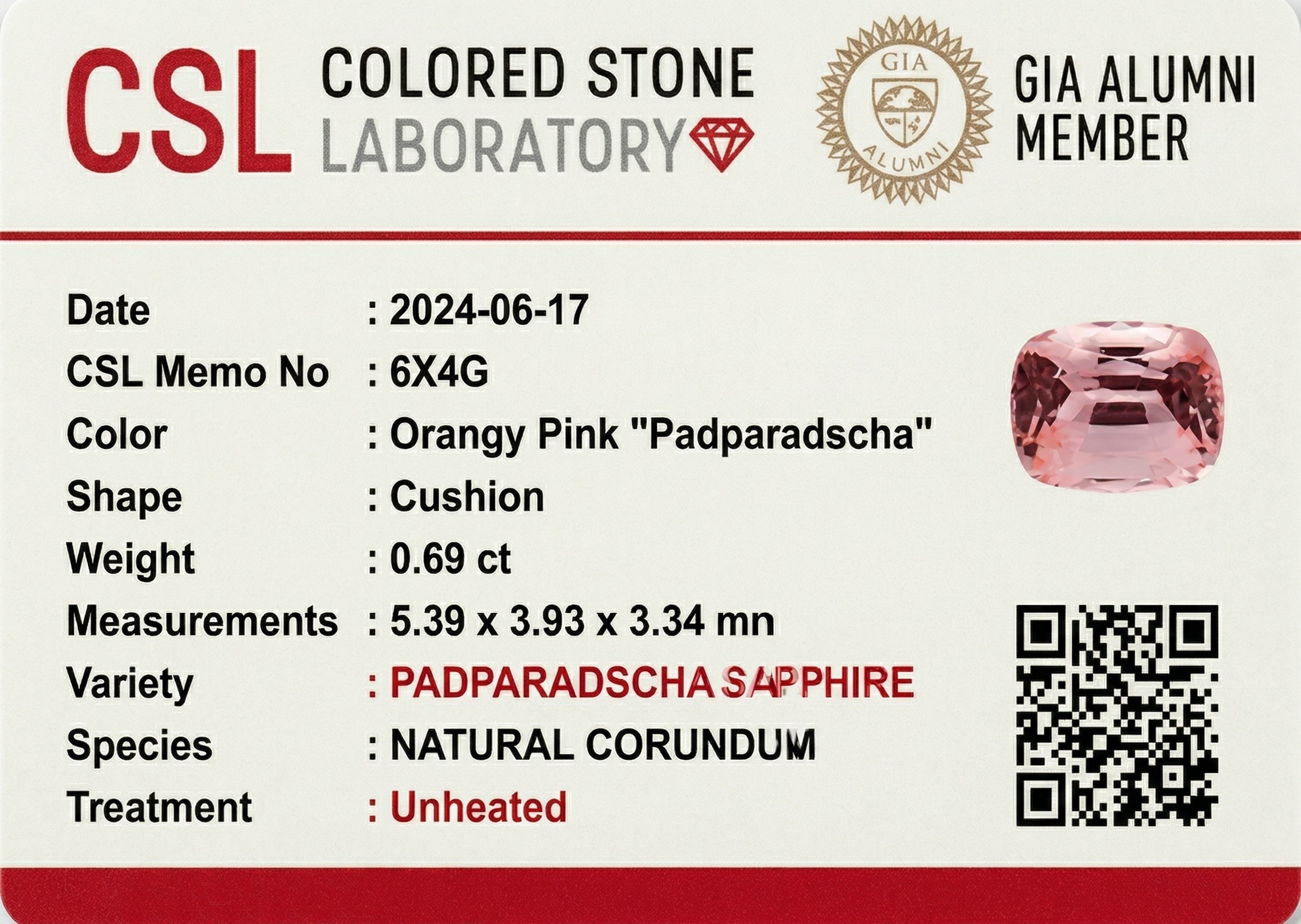 0.68 Ct. Padparadscha Sapphire from Ceylon (Sri Lanka)