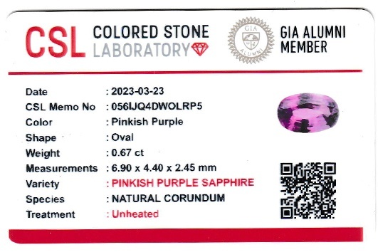 0.66 Ct. Pinkish Purple Sapphire from Ceylon (Sri Lanka)