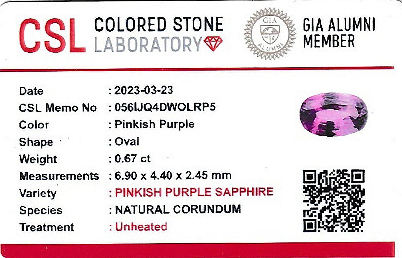 0.66 Ct. Pinkish Purple Sapphire from Ceylon (Sri Lanka)