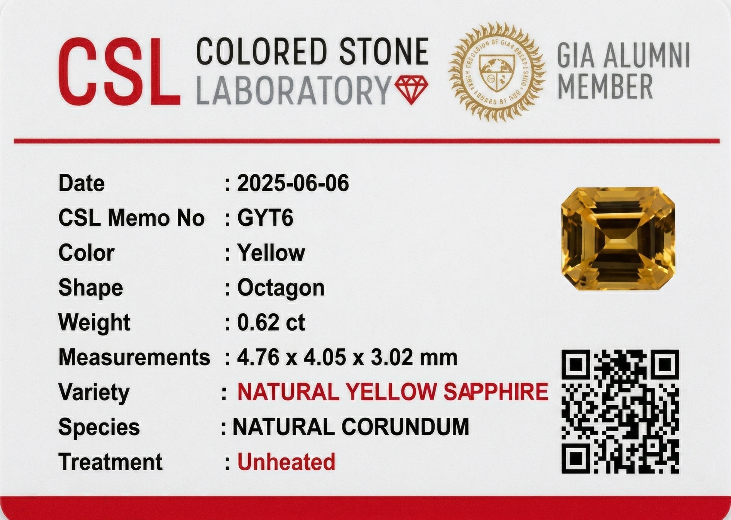0.62 Ct. Yellow Sapphire from Ceylon (Sri Lanka)