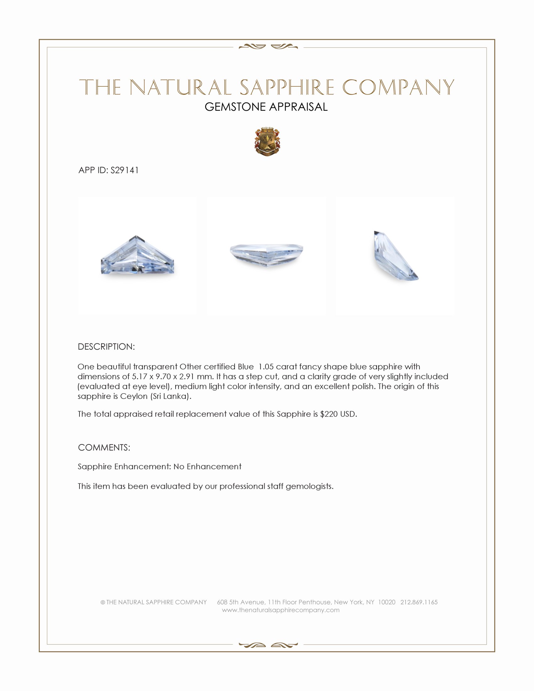 1.05 Ct. Blue Sapphire from Ceylon (Sri Lanka)