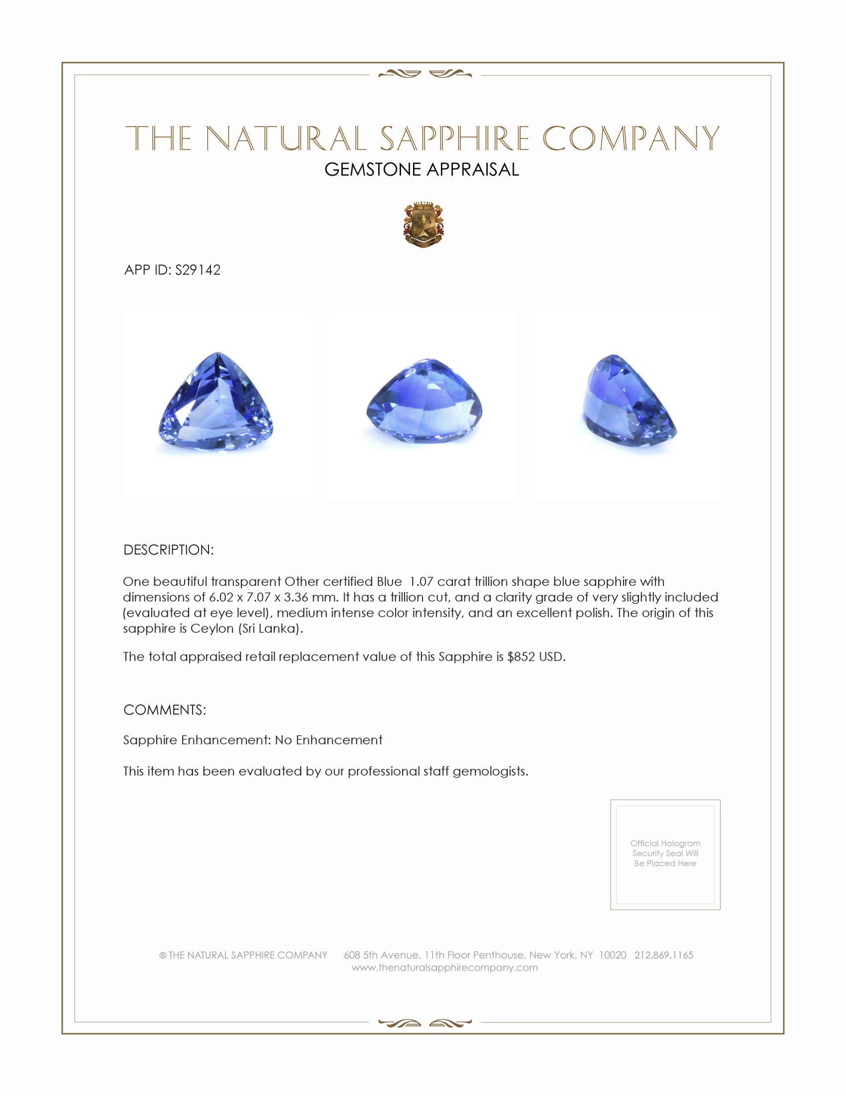 1.07 Ct. Blue Sapphire from Ceylon (Sri Lanka)