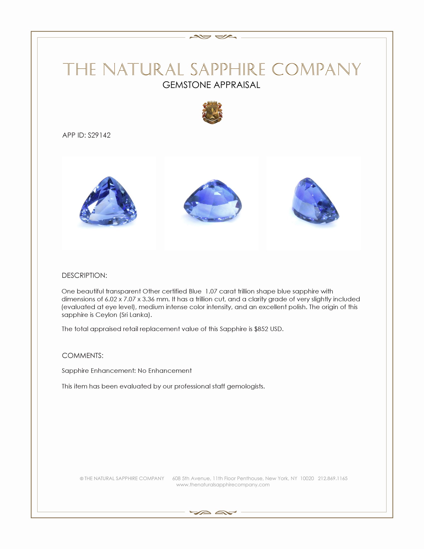 1.07 Ct. Blue Sapphire from Ceylon (Sri Lanka)
