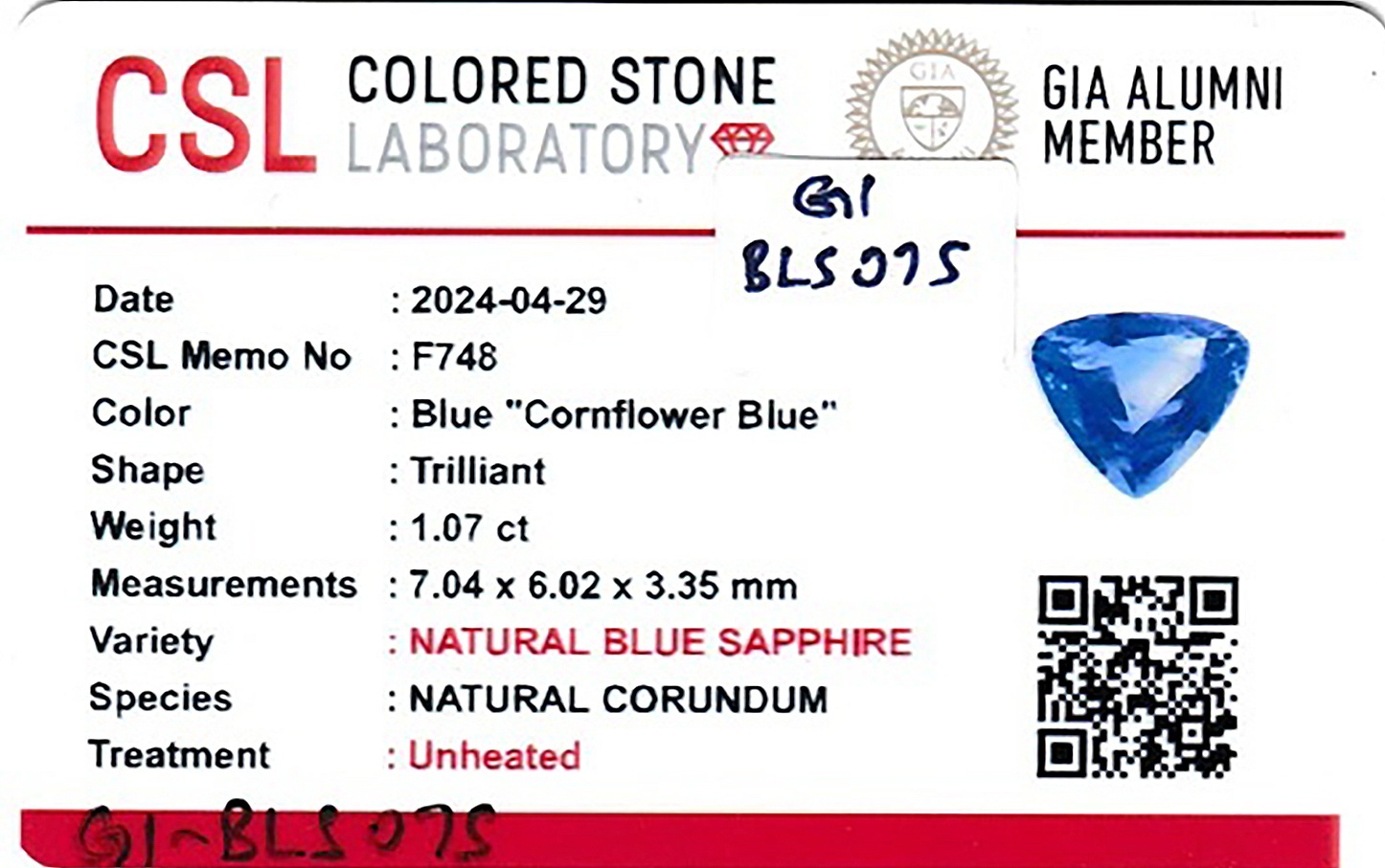 1.07 Ct. Blue Sapphire from Ceylon (Sri Lanka)