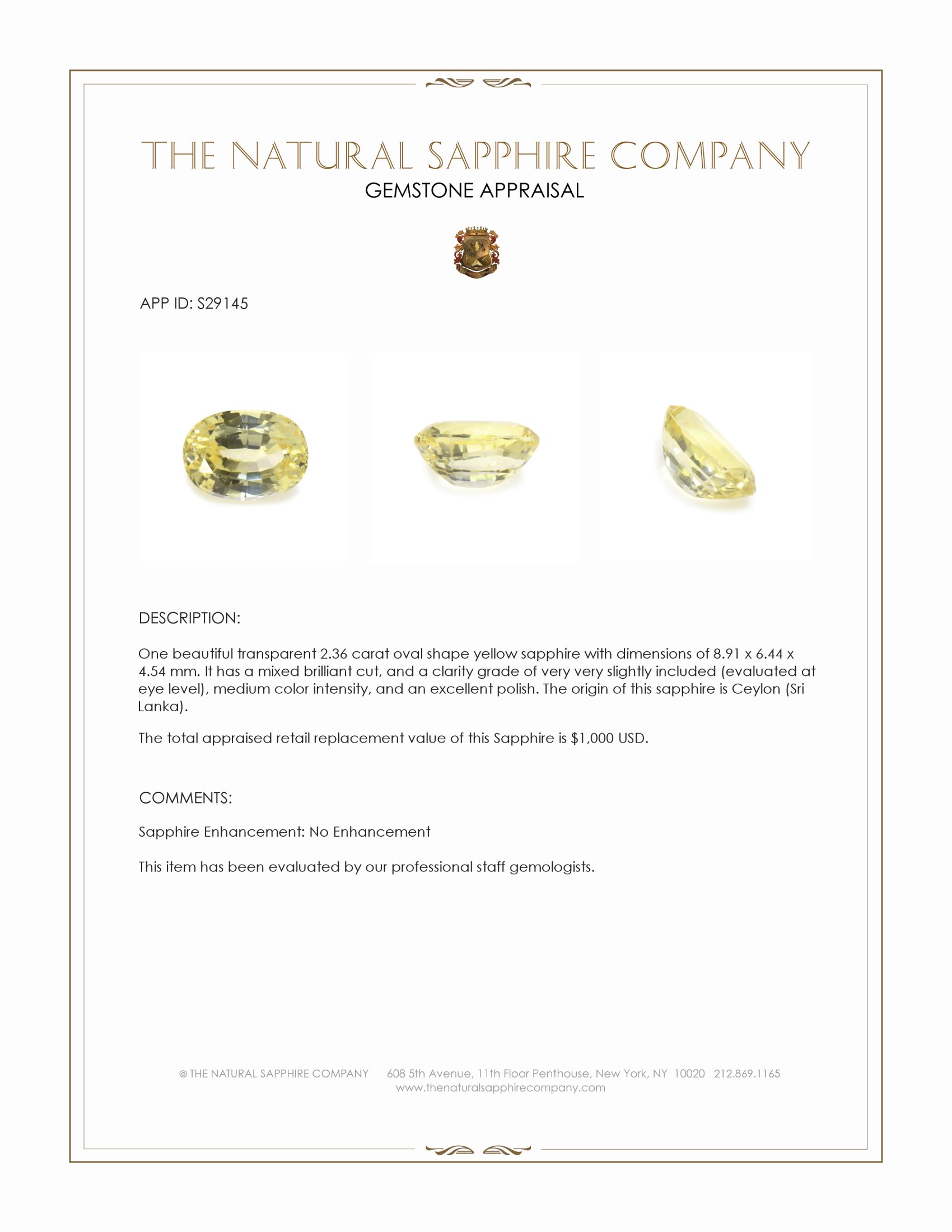 2.36 Ct. Yellow Sapphire from Ceylon (Sri Lanka)