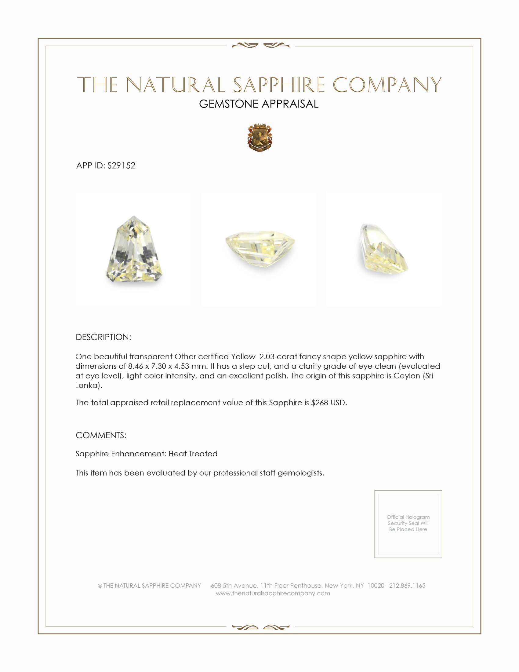 2.03 Ct. Yellow Sapphire from Ceylon (Sri Lanka)