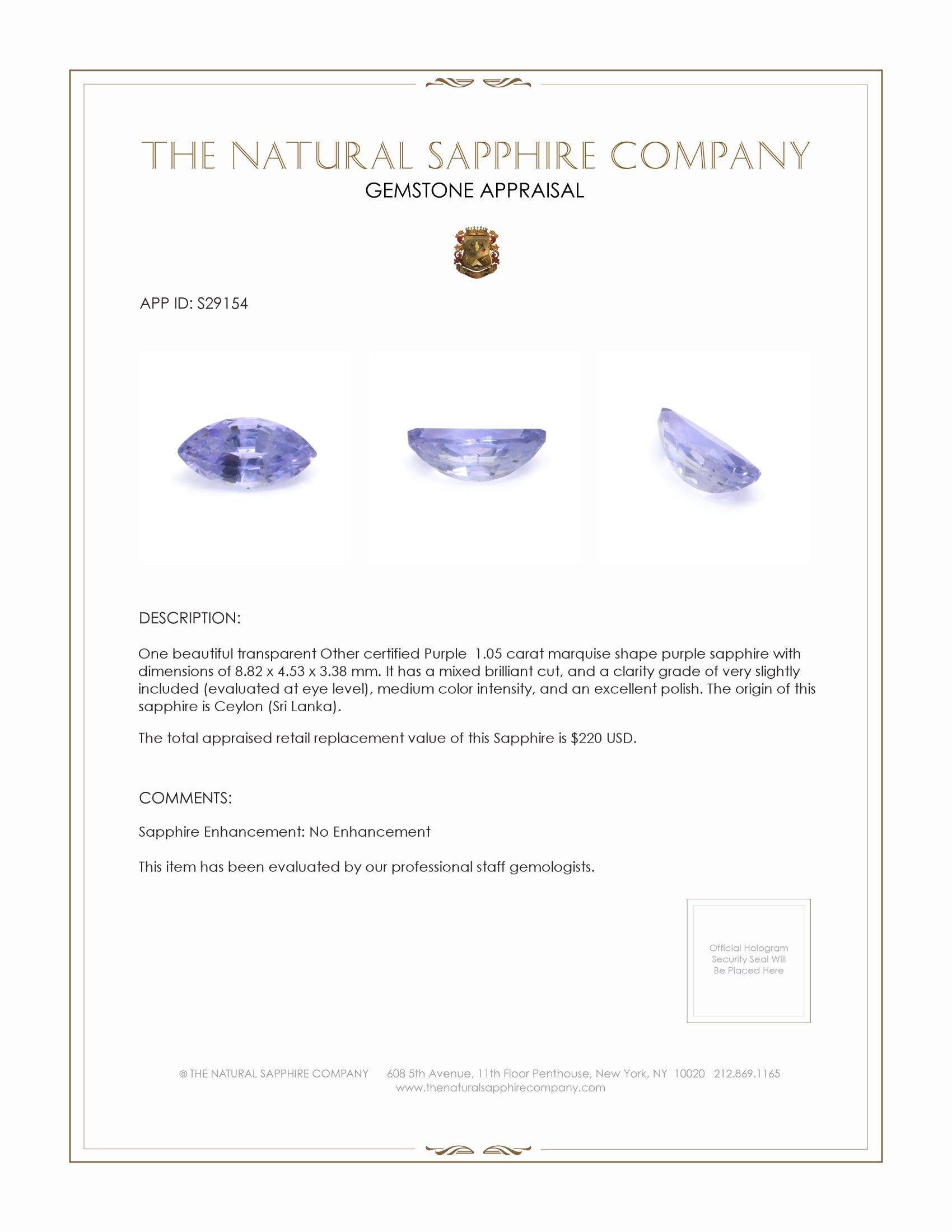 1.05 Ct. Purple Sapphire from Ceylon (Sri Lanka)