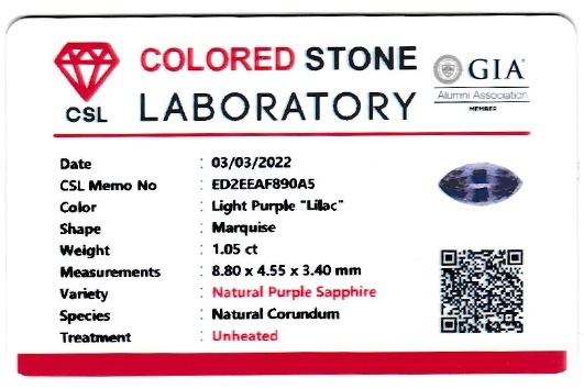 1.05 Ct. Purple Sapphire from Ceylon (Sri Lanka)