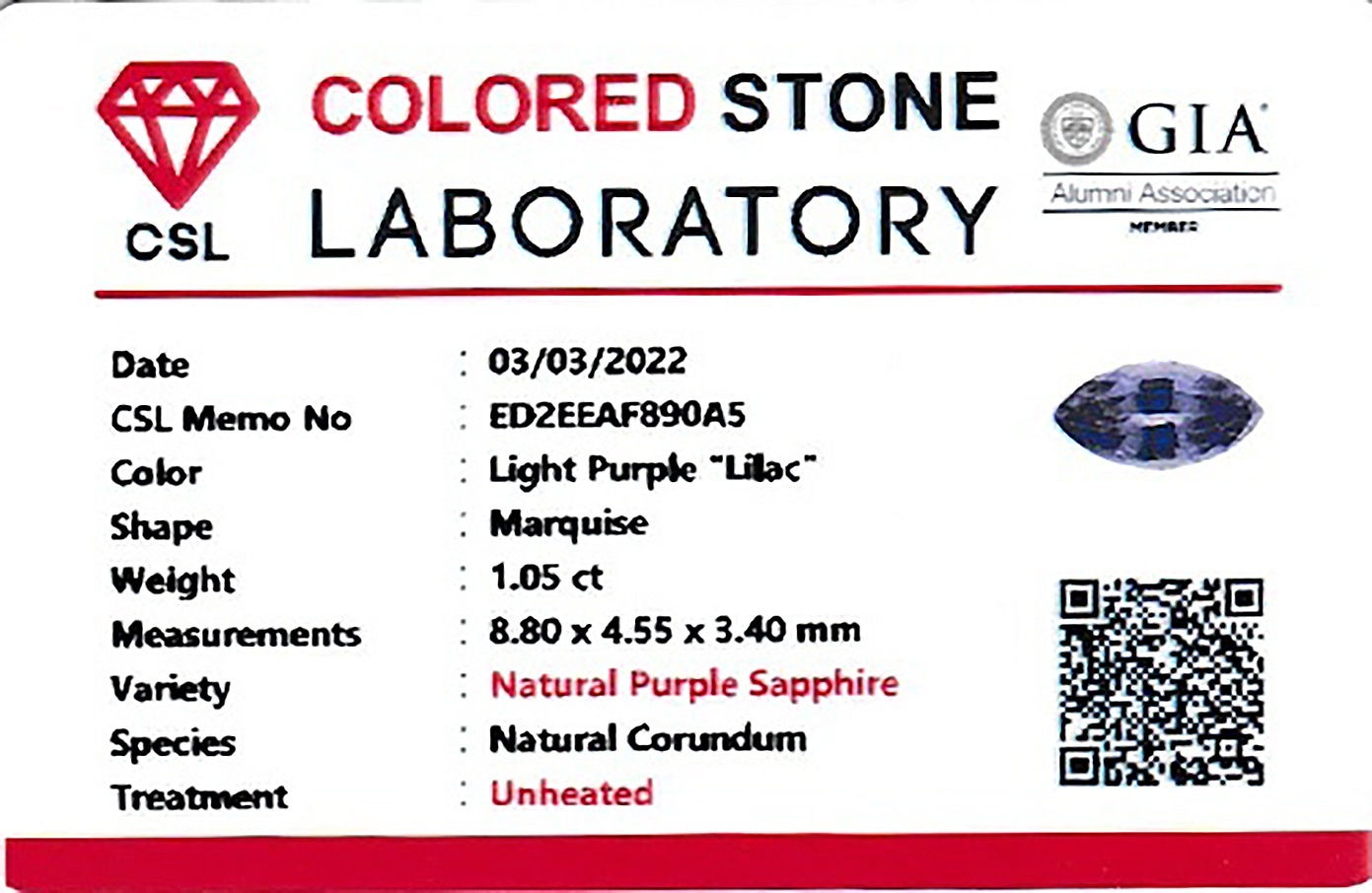 1.05 Ct. Purple Sapphire from Ceylon (Sri Lanka)