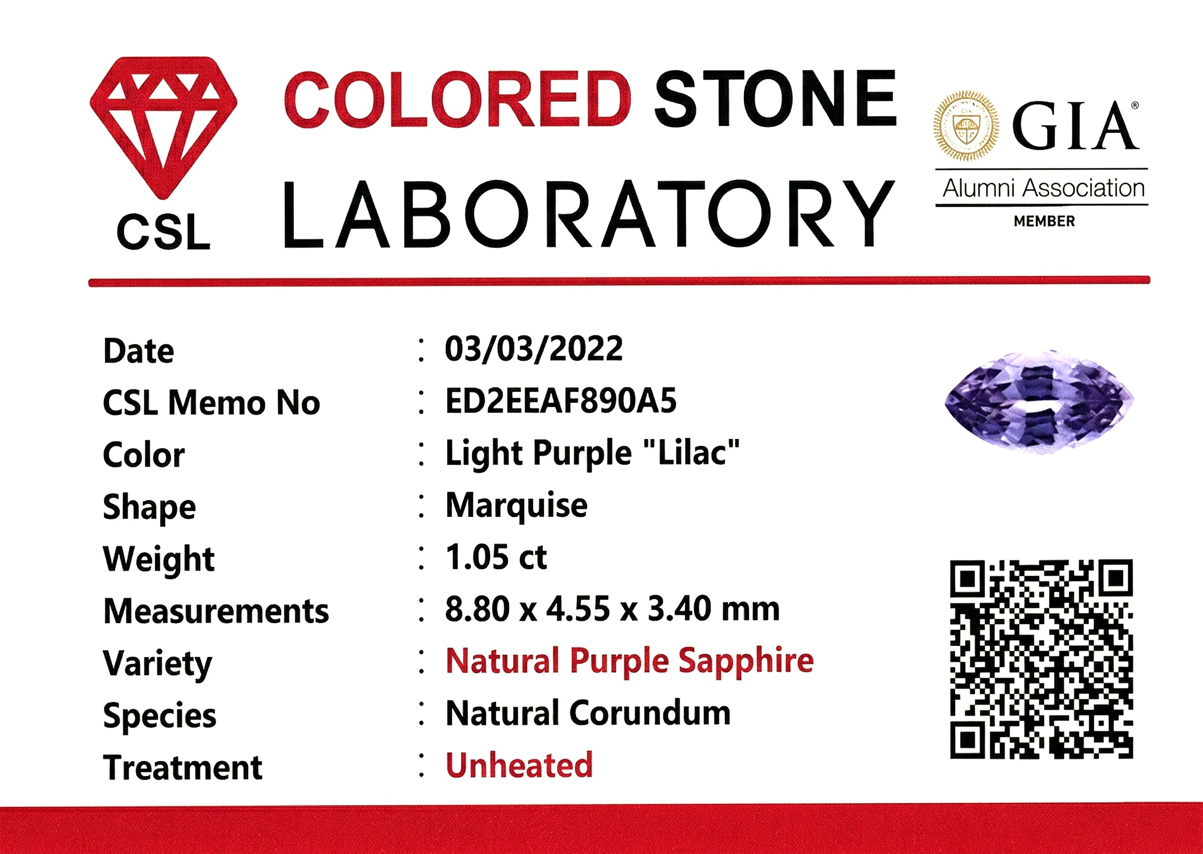 1.05 Ct. Purple Sapphire from Ceylon (Sri Lanka)