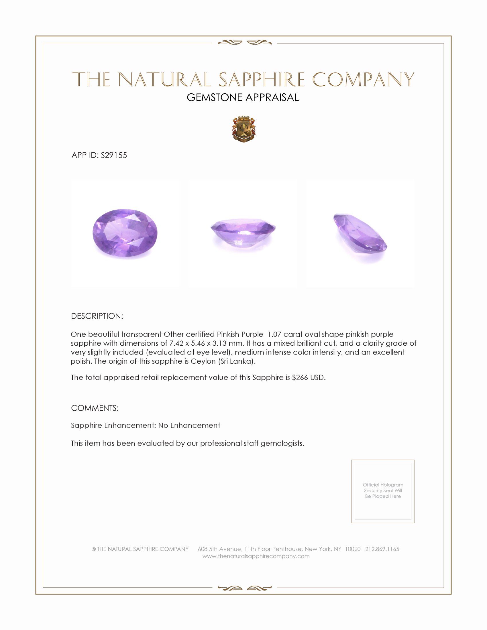 1.07 Ct. Pinkish Purple Sapphire from Ceylon (Sri Lanka)