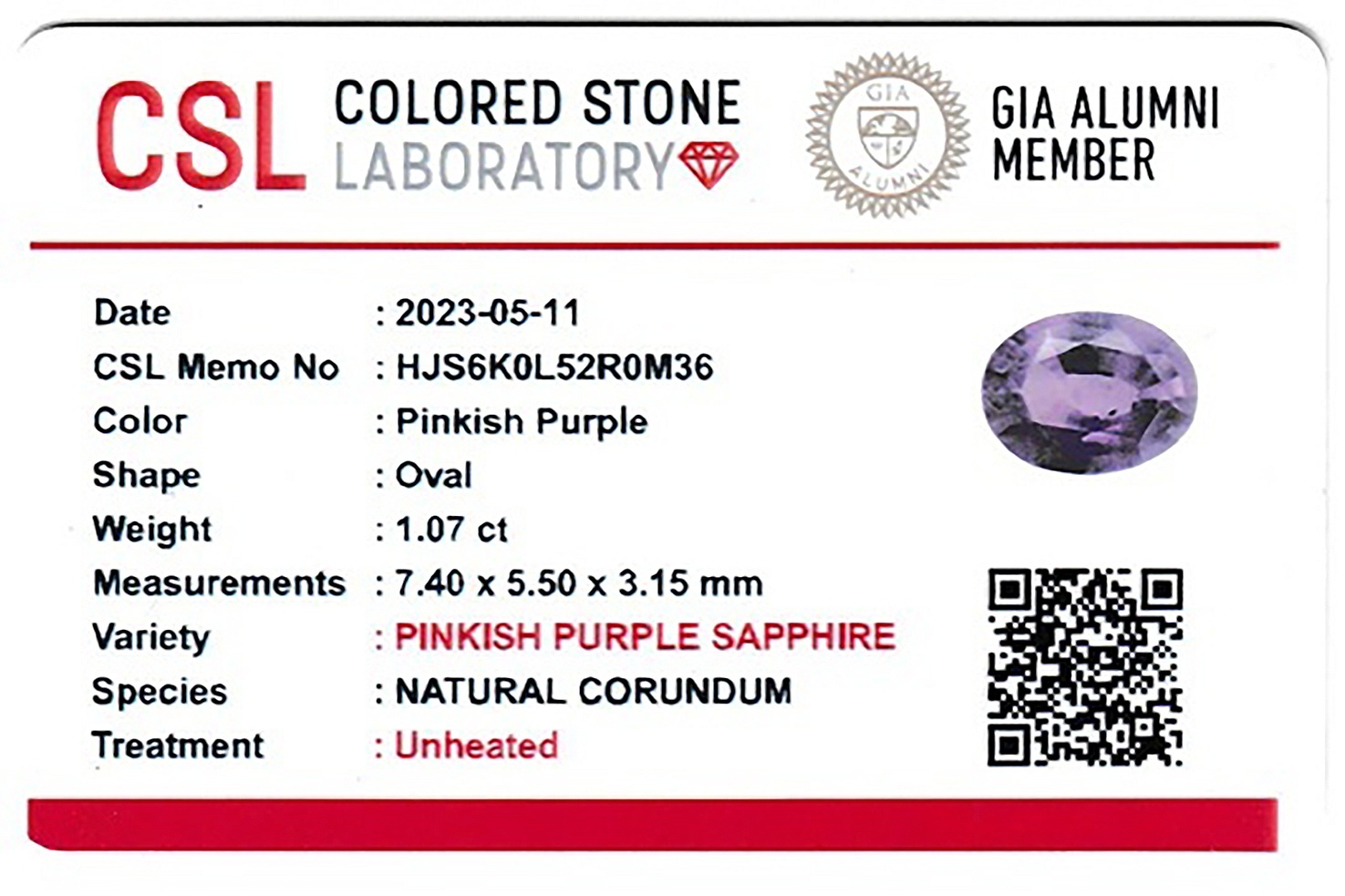 1.07 Ct. Pinkish Purple Sapphire from Ceylon (Sri Lanka)