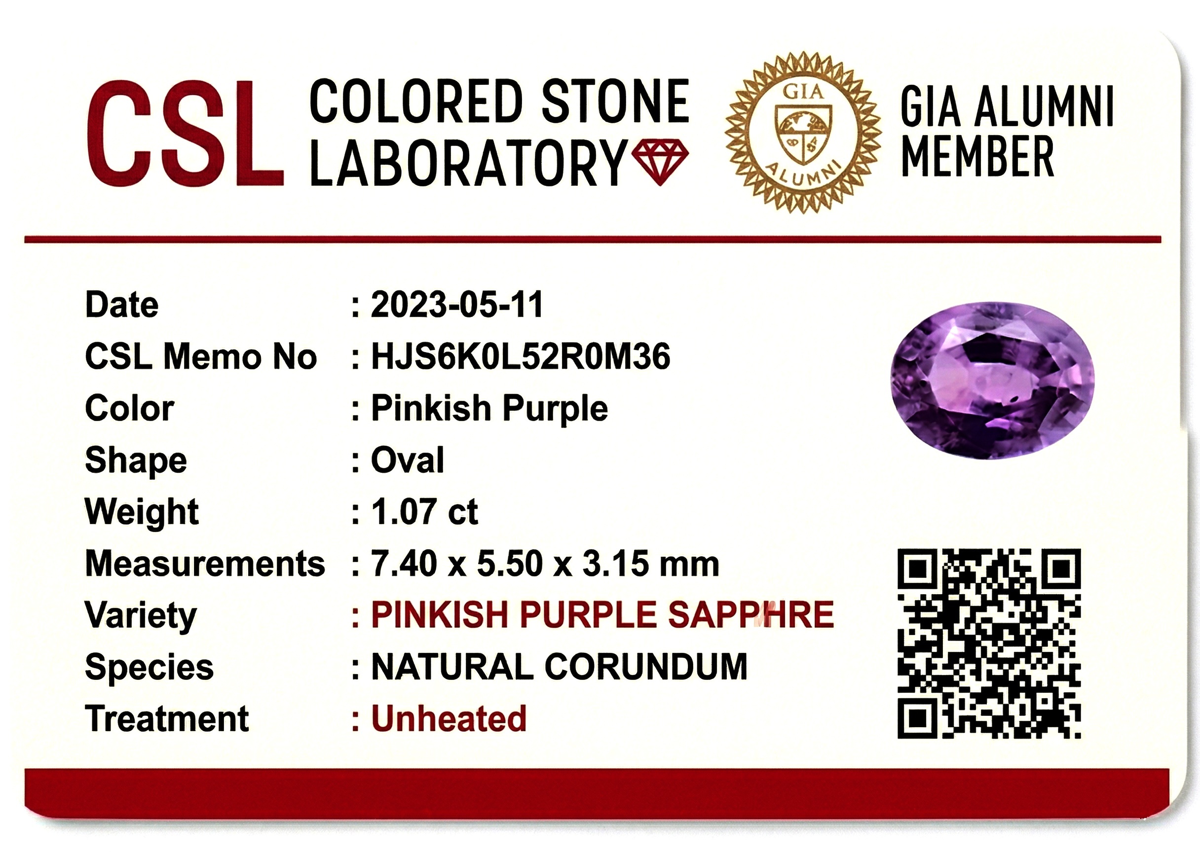 1.07 Ct. Pinkish Purple Sapphire from Ceylon (Sri Lanka)