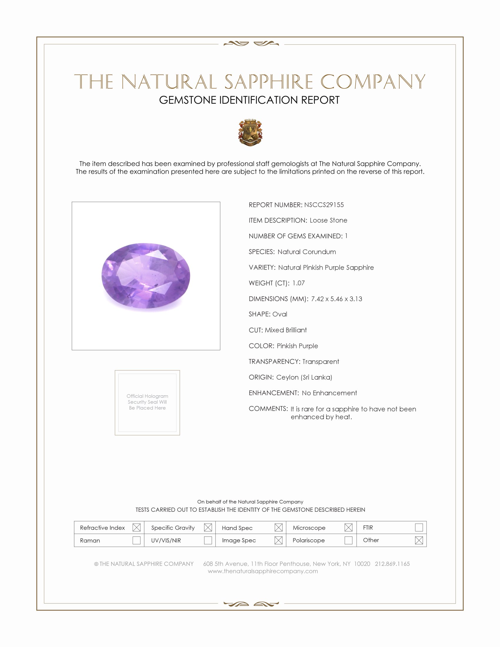 1.07 Ct. Pinkish Purple Sapphire from Ceylon (Sri Lanka)