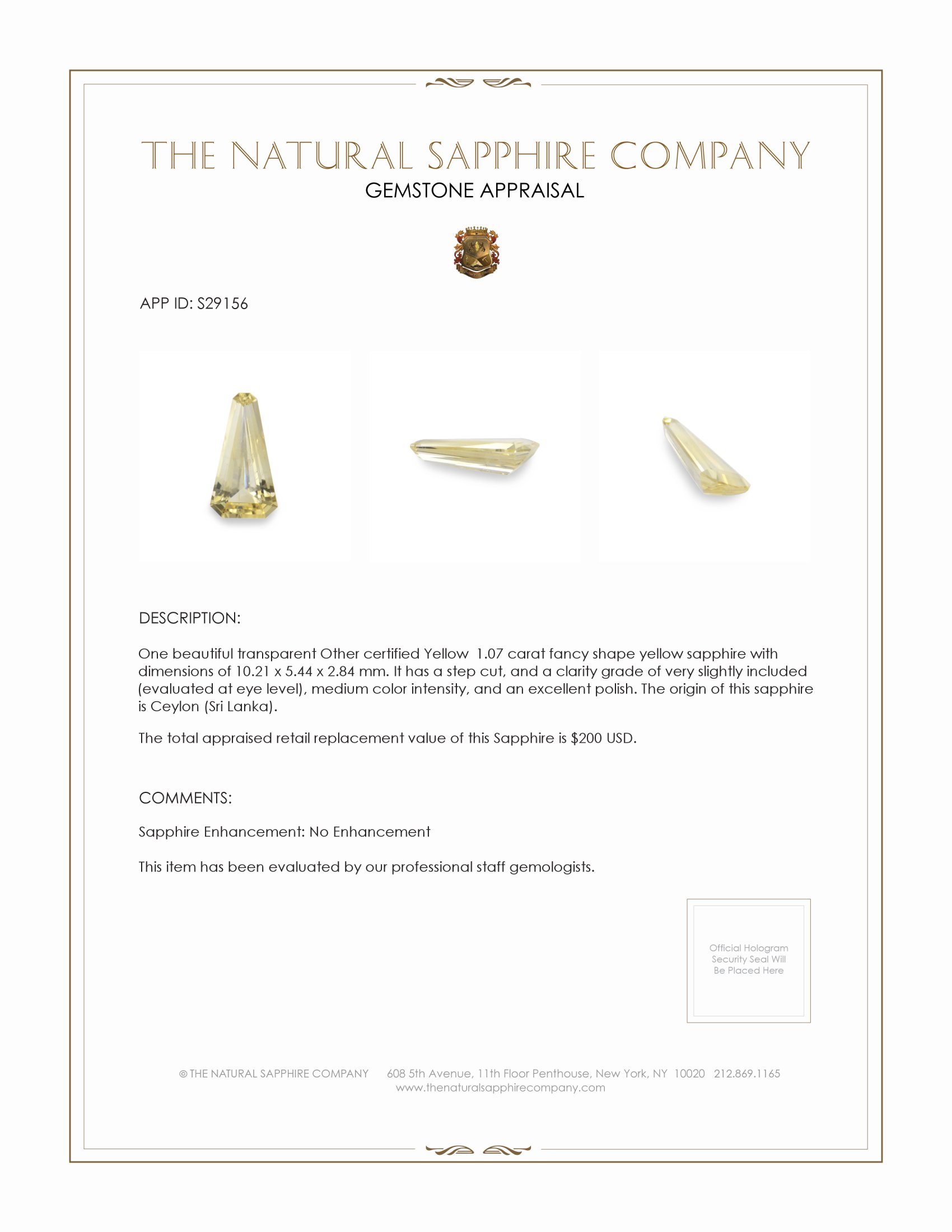 1.07 Ct. Yellow Sapphire from Ceylon (Sri Lanka)