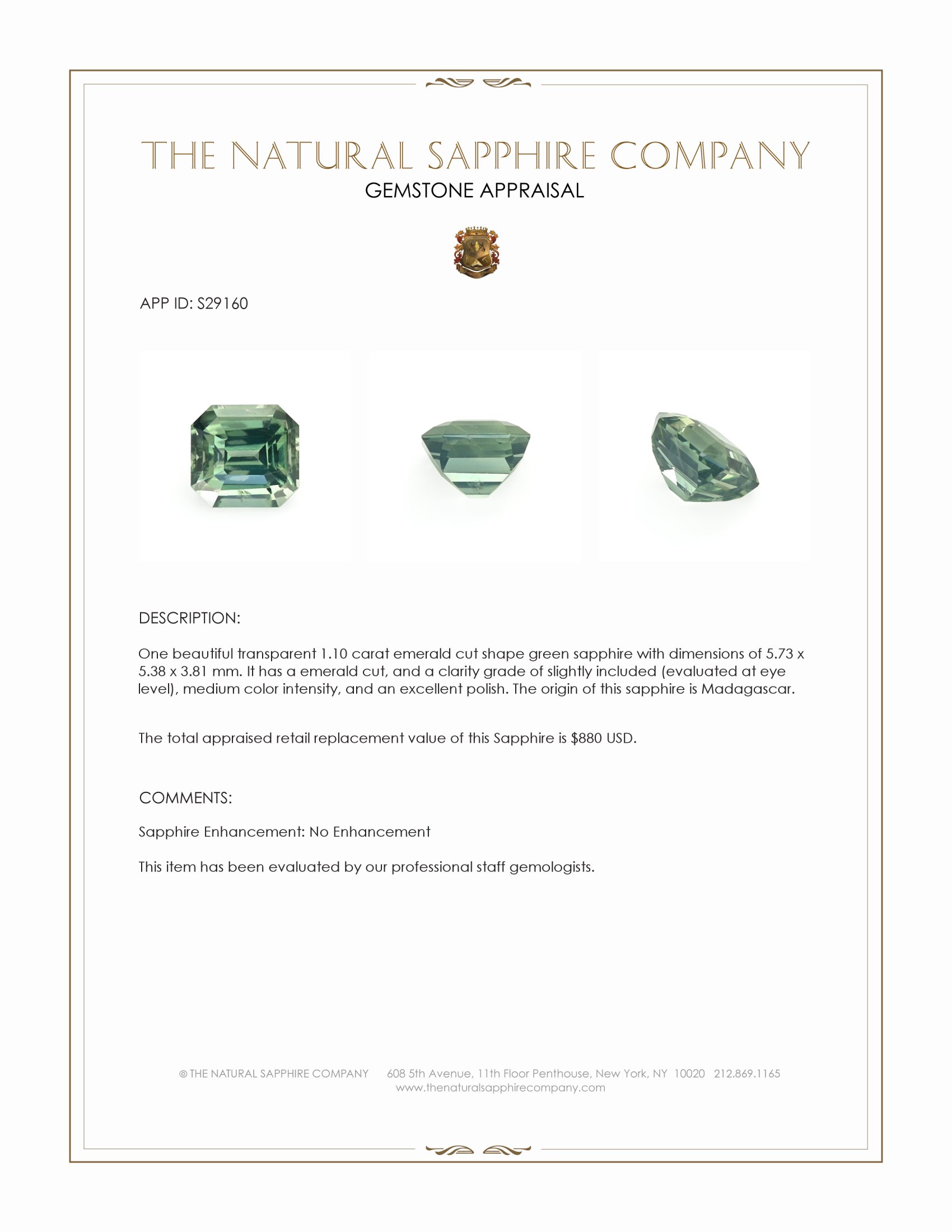 1.10 Ct. Green Sapphire from Madagascar
