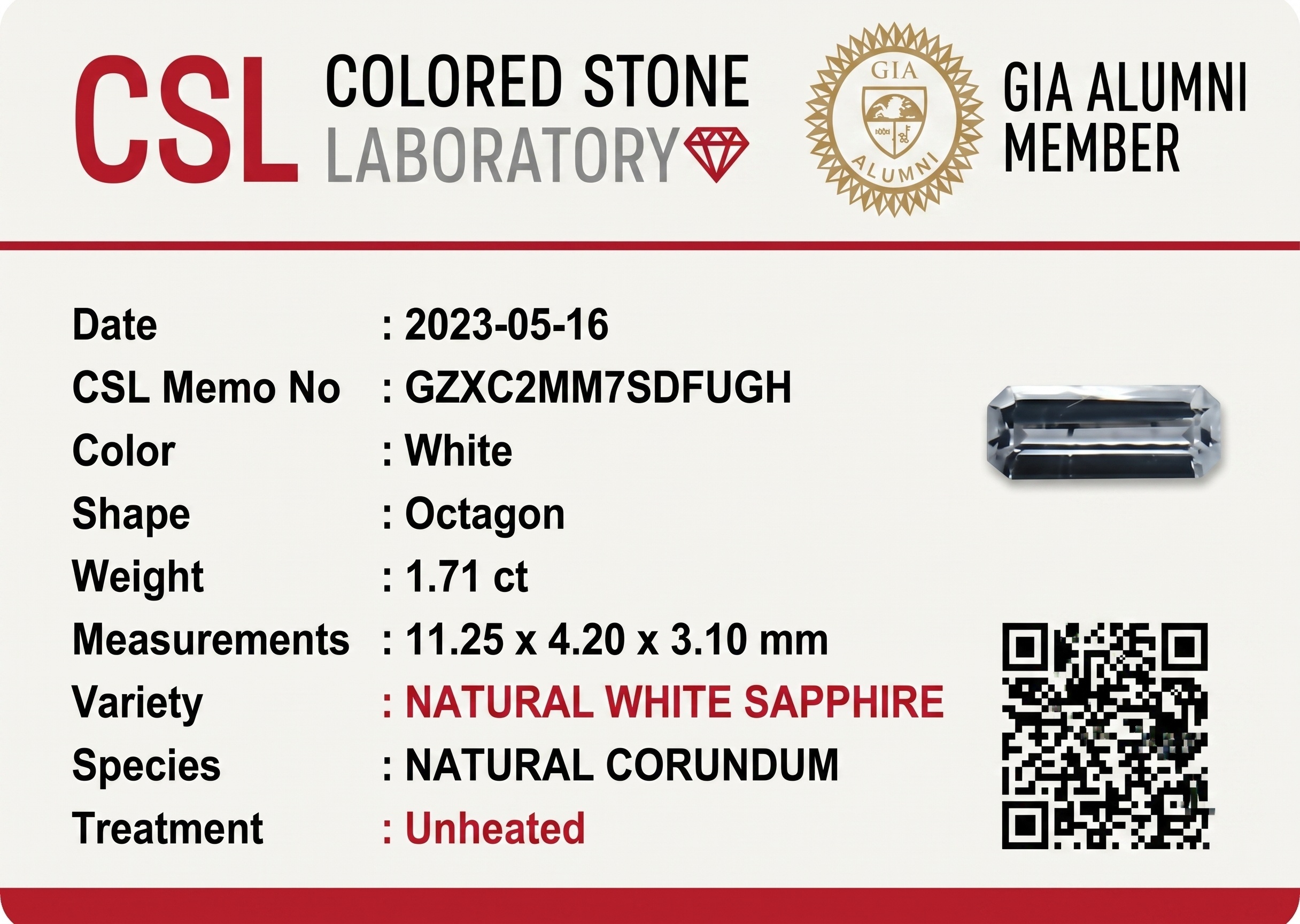 1.71 Ct. White Sapphire from Ceylon (Sri Lanka)