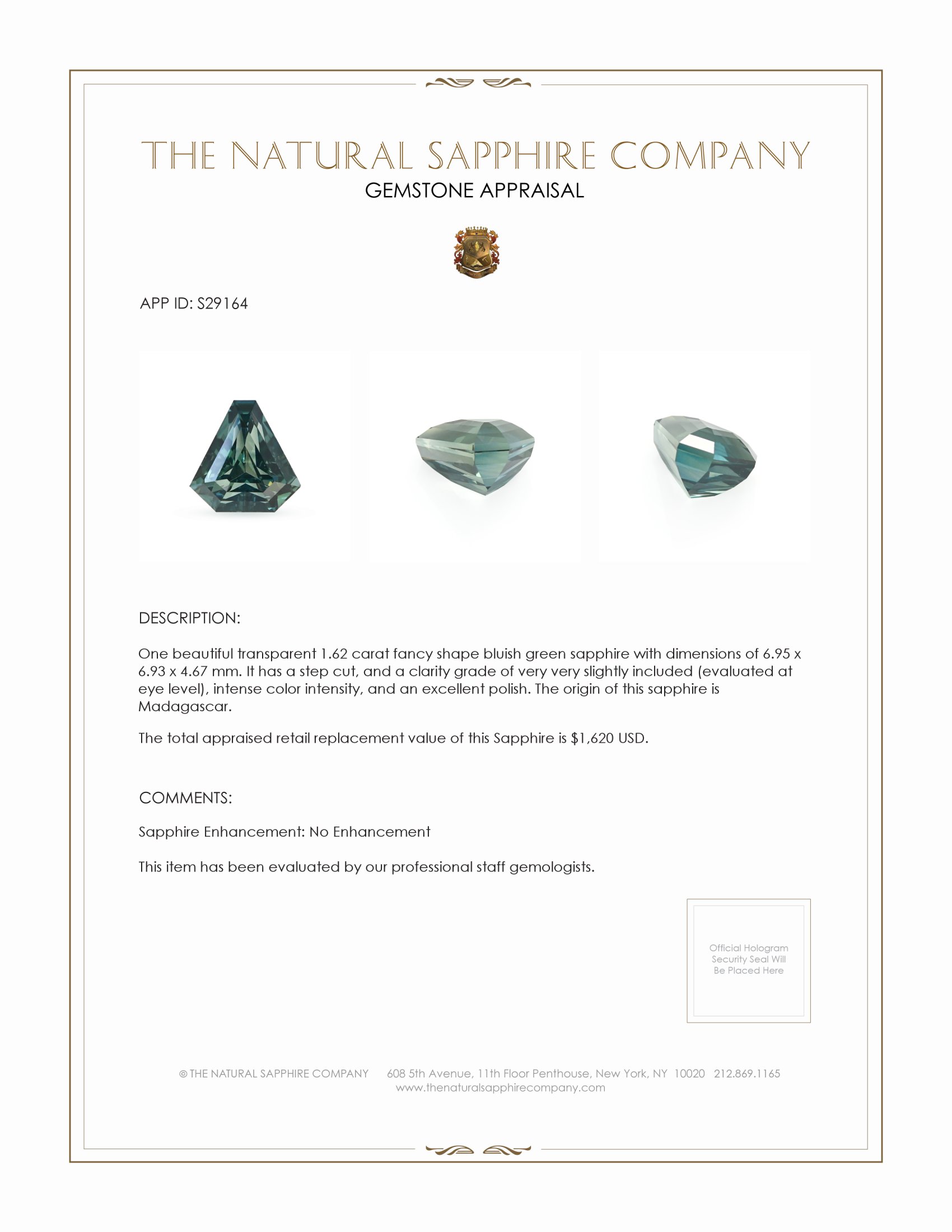 1.62 Ct. Bluish Green Sapphire from Madagascar