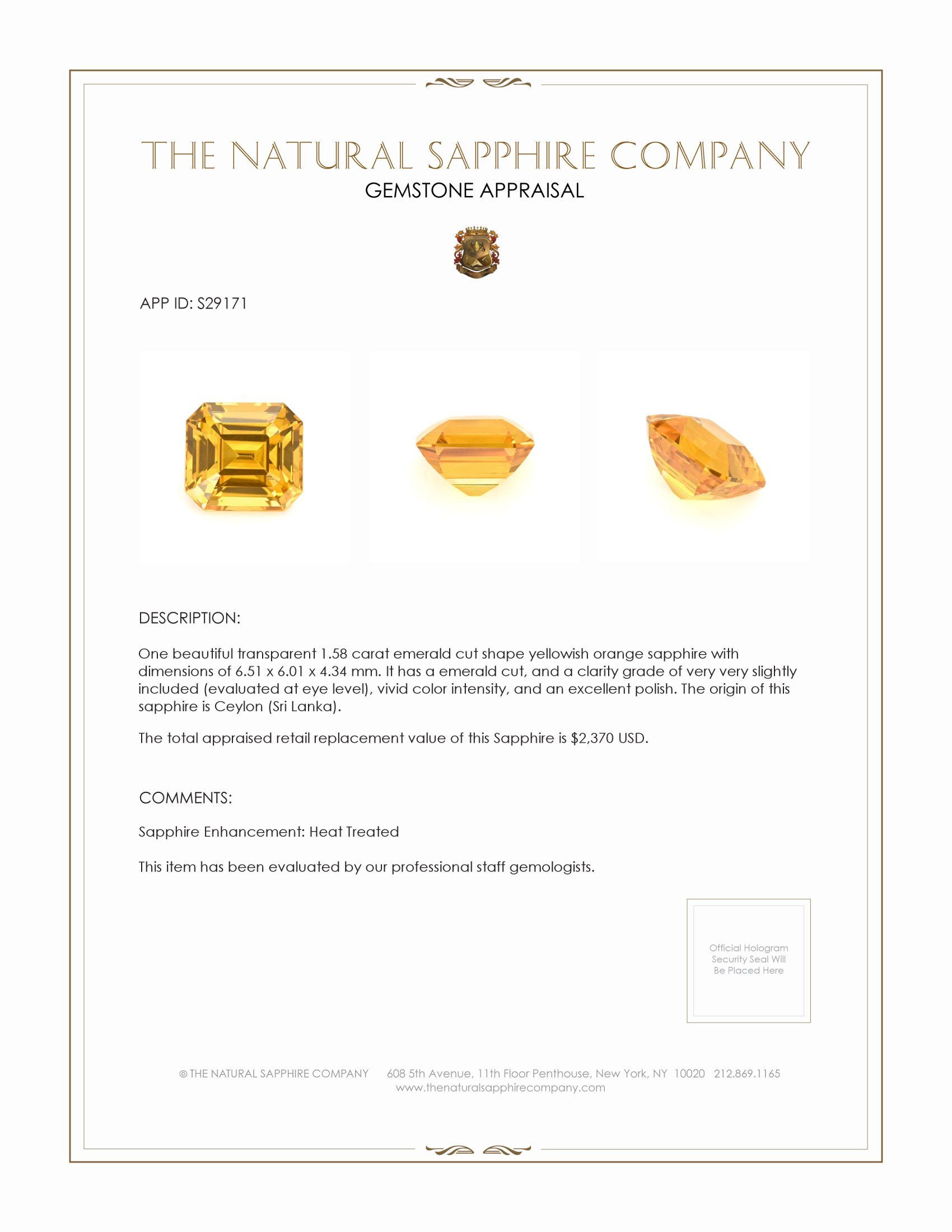 1.58 Ct. Orangish Yellow Sapphire from Ceylon (Sri Lanka)